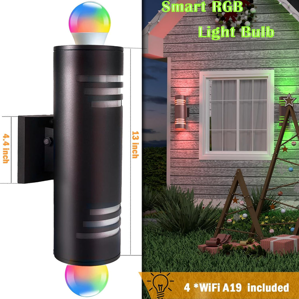 Smart WiFi Outdoor Wall Lights Exterior 2 Pack, Up and Down Porch Lights Ambience Color Changing, Bronze Cylinder RGBCW LED Outdoor Wall Lamp for House Garage Porch, Outside Exterior Lights ETL Listed