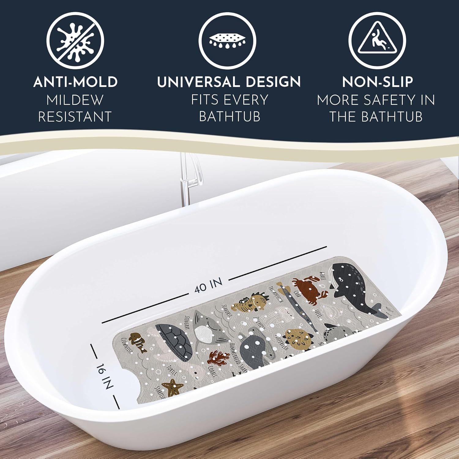 Bath Tub Mat Non Slip Anti Mold for Kids BPA Free INCL Hooks - homerella® Ocean Sea Animals 40x16, Baby Bath Mat Non Slip 200 Suction Cups, Non Toxic Machine Washable Toddler Bath Mat, EU Certified