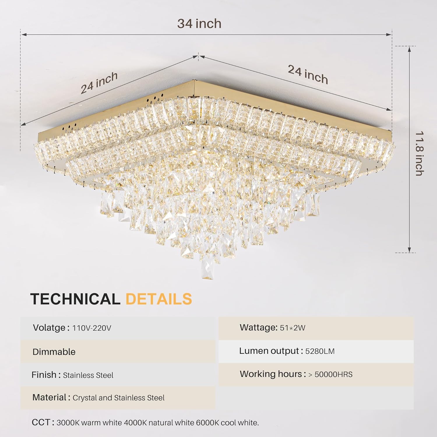 Elegant LED Gold Crystal Raindrop Ceiling Light,24 Inch Square Flush Mount Chandelier with Remote for Living Room Kitchen Island Bedroom Hallway Entryway Foyer (Dimmable)