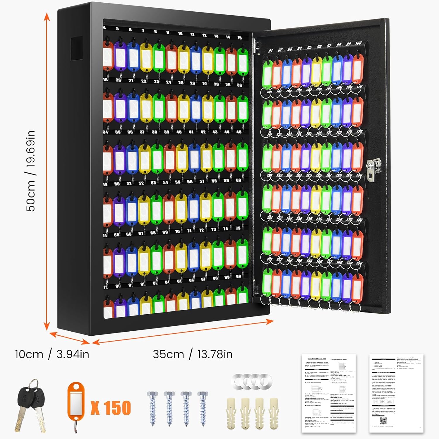 150 Keys Cabinet Organizer Wall Mount, Heavy Duty Key Lock Box with Key Hooks & 150 Tags Key Labels, Security Lockbox for Valets, Hotels, Car, Office Key Management & Storage
