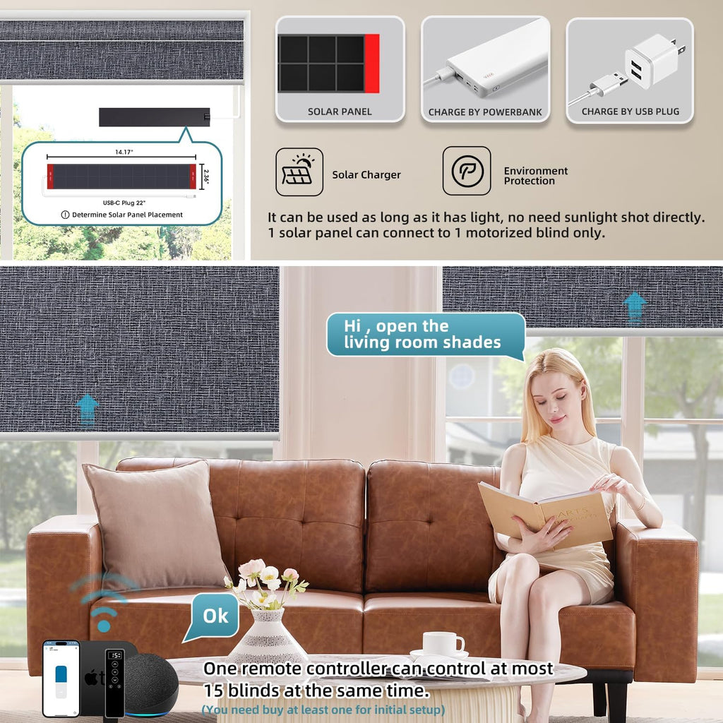 SmartWings Motorized 100% Blackout Shades Blinds, Custom Size, Cordless Window Shades Rechargeable Battery, Work with Matter/Apple HomeKit, Alexa, Thread/Zigbee, Remote Optional, Eclipse Charcoal