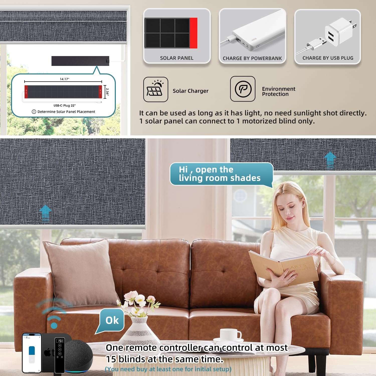 SmartWings Motorized 100% Blackout Shades Blinds, Custom Size, Cordless Window Shades Rechargeable Battery, Work with Matter/Apple HomeKit, Alexa, Thread/Zigbee, Remote Optional, Eclipse Charcoal