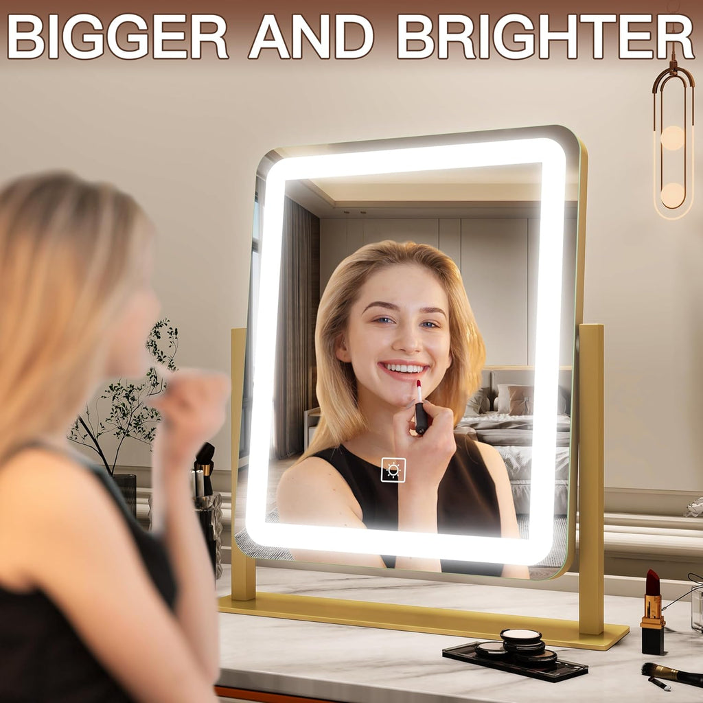 FENNIO Vanity Mirror with Lights - 15"x12.6" LED Lighted Makeup Mirror, Large Makeup Mirror with Lights, Touch Screen with 3-Color Lighting, Dimmable, for Vanity Desk Tabletop, Bedroom Gold