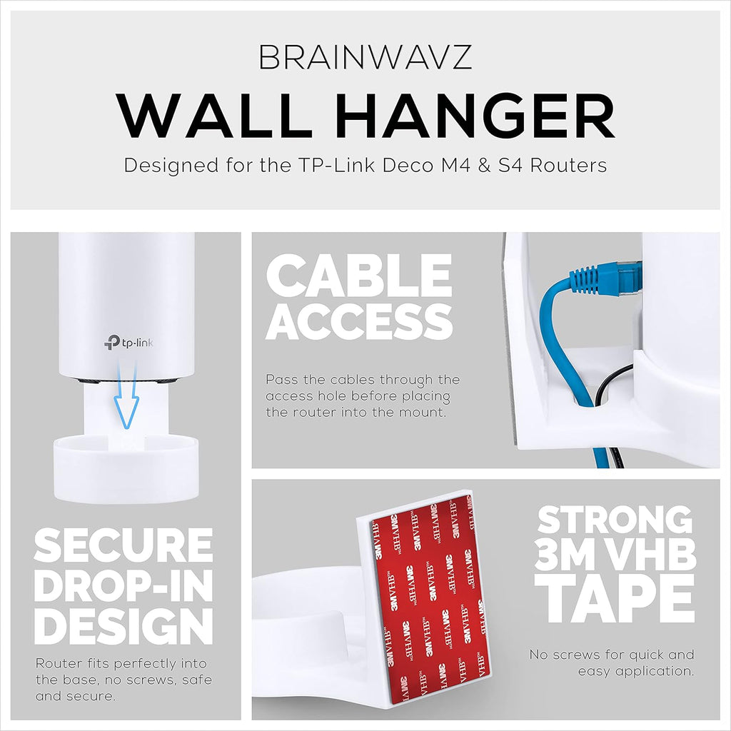 Adhesive Deco M4 & S4 Wall Mount Holder suitible for TP-Link WiFi Mesh, Strong VHB Tape Bracket, No Screws, Drilling & No Tools Needed, Easy to Install, White by Brainwavz (Single)