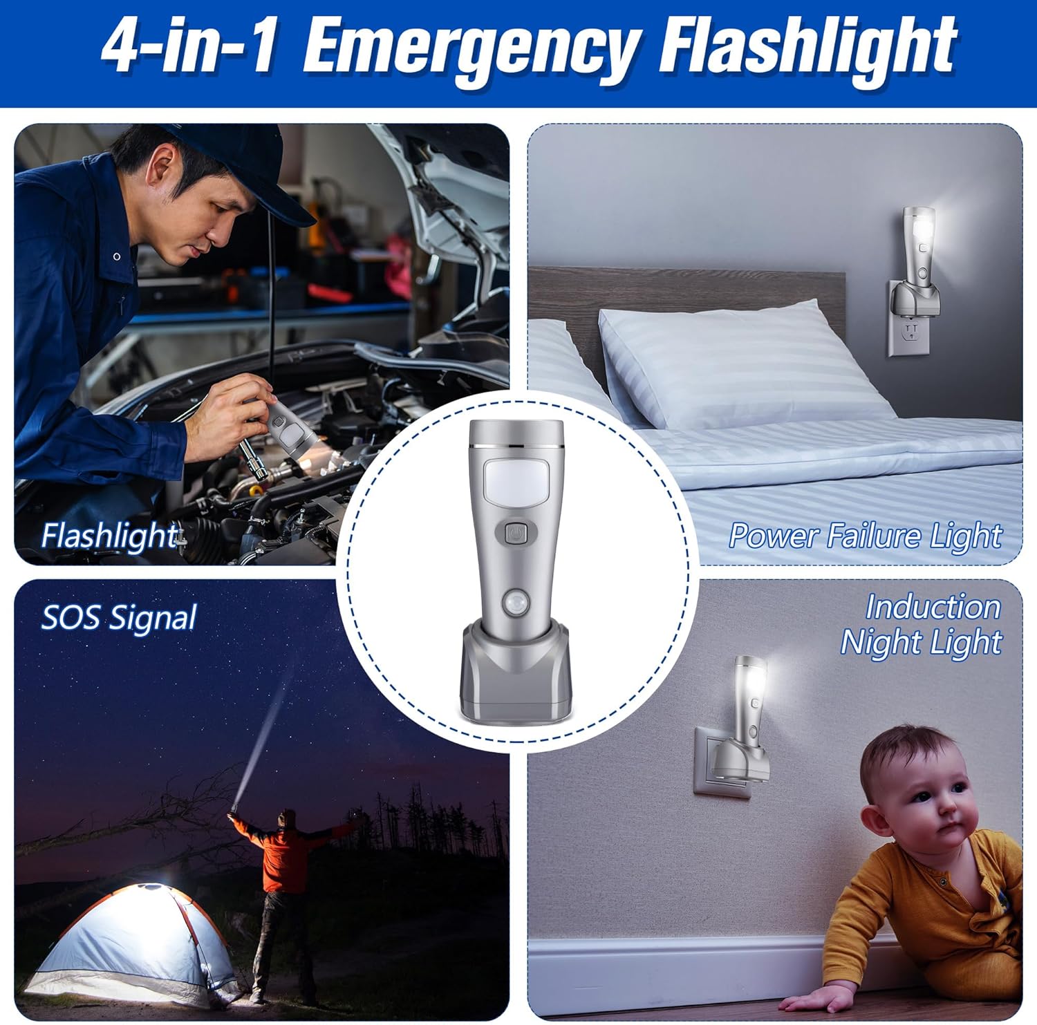 Enhon 2 Pack Rechargeable 4-in-1 LED Emergency Lights, Plug-in Flashlights with Motion Sensor Night Light, Auto-On Power Failure Light for Home, Hurricane, and Outage Supplies