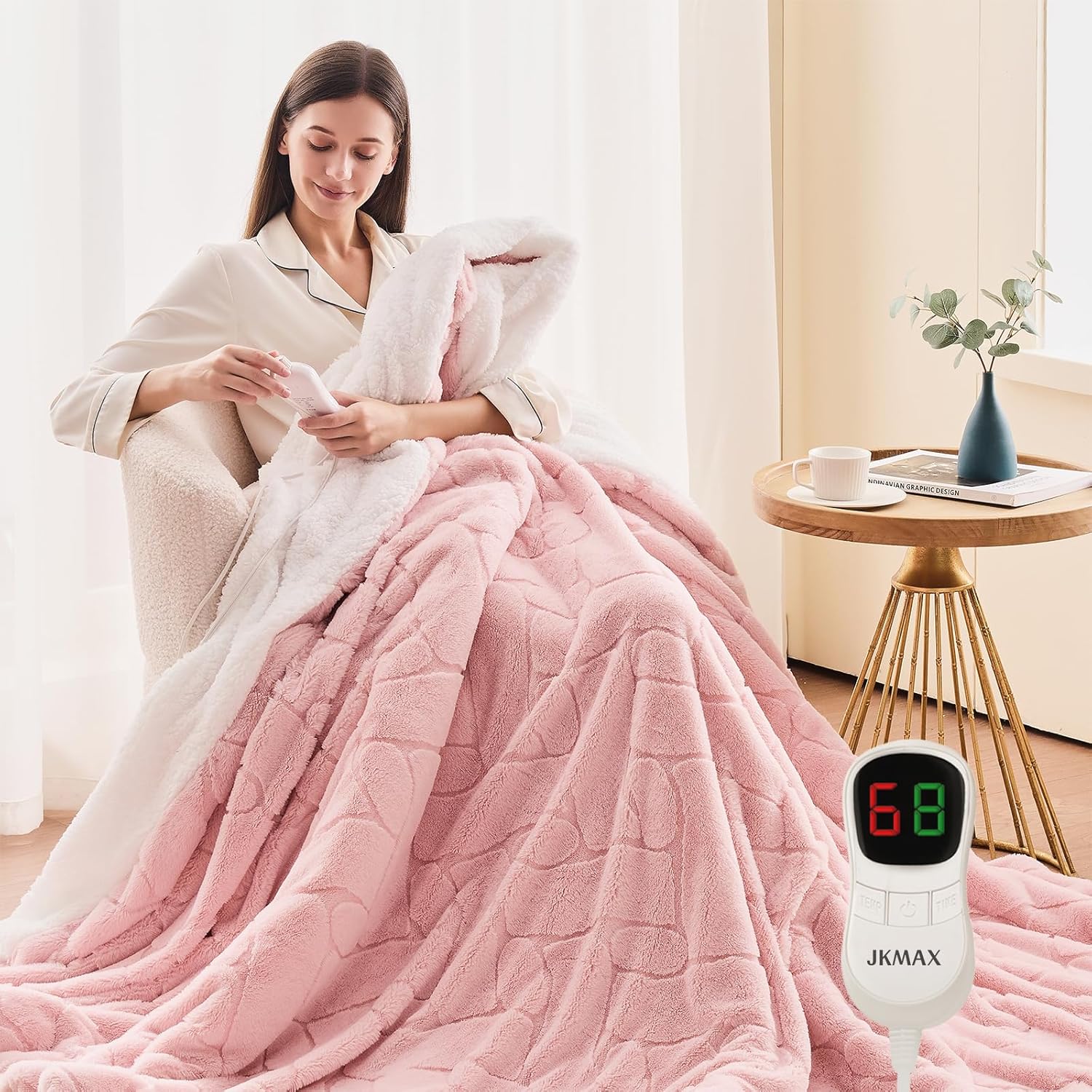 Heated Electric Blanket- Electric Throw Blanket 72"x84" for Bed- 5 Heating Levels& 4 Hours Auto Off for Couch Home Office - Soft Faux Fur Fabric for Full Body(Pink)