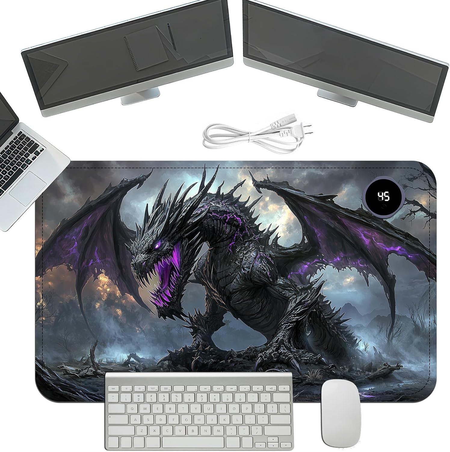 Heated Mouse Pad with 3 Temperature Settings(104°F–122°F),Large 24x14.2 Inch PU Leather Heated Desk Mat,Waterproof Warming Pad for Office,Gaming & Cold Hands Relief,Dark Dragon Fantasy
