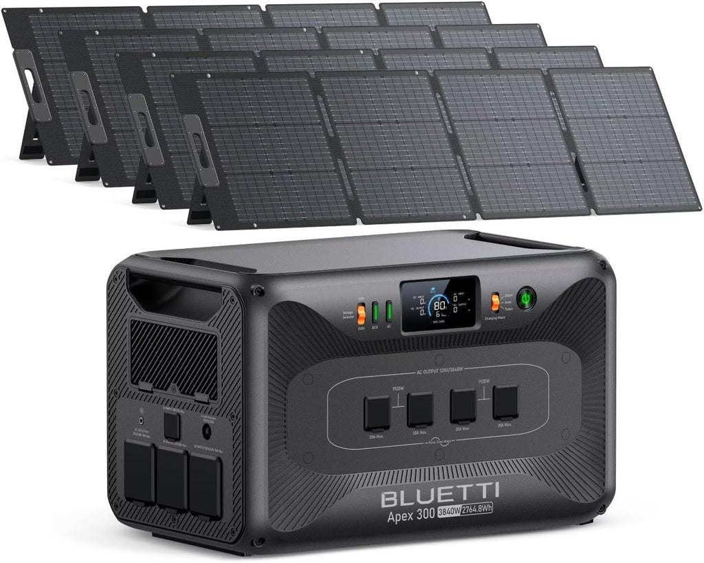 BLUETTI Apex 300 Solar Generator (2025 New) with 4 200W Solar Panels, 2764.8Wh LFP Battery Backup with 6 3840W AC Outlets (7680W Surge), 120V/240V Dual Voltage, Ideal for Camping and Off-Grid Living