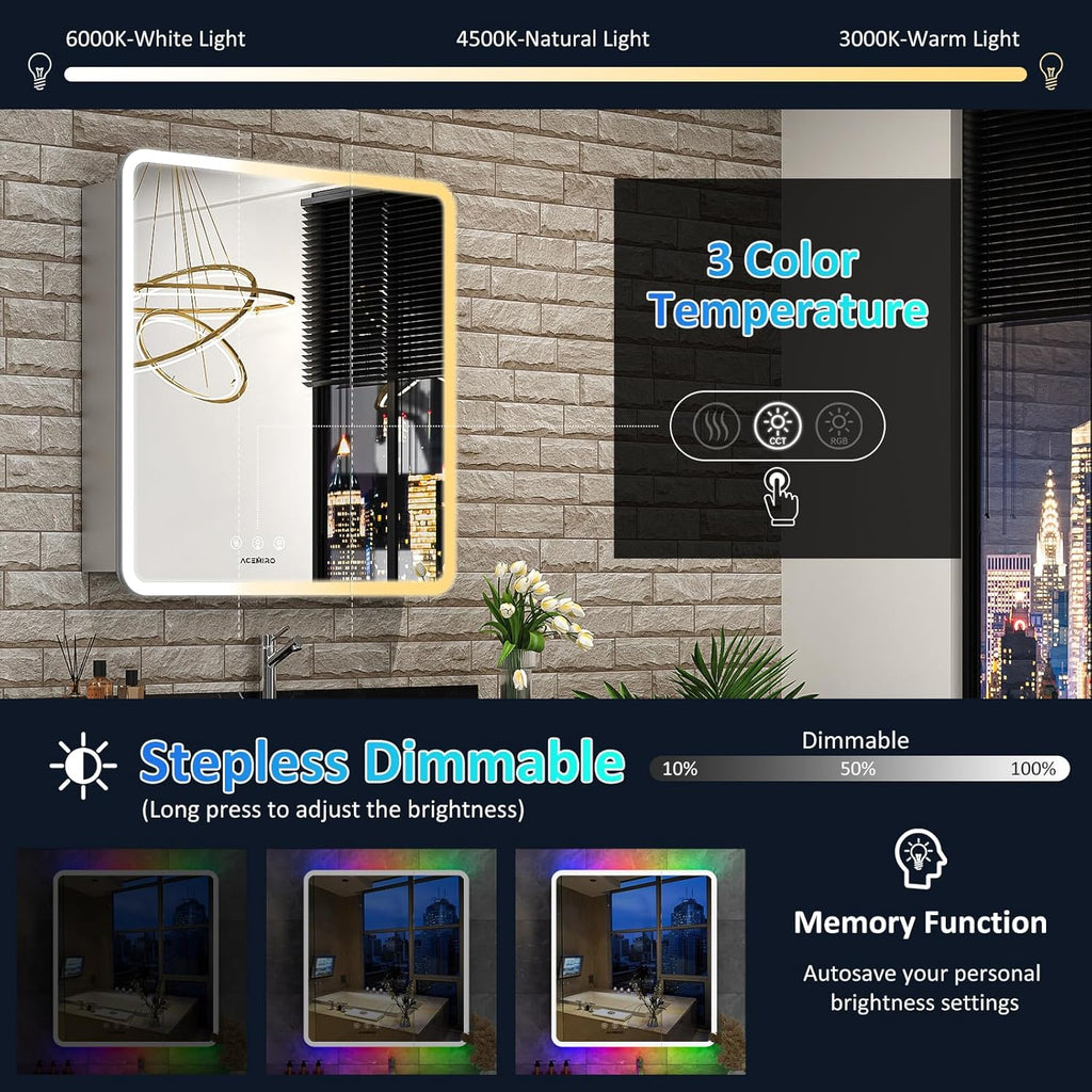 LED Medicine Cabinet with Lights, 30×32 Inch Lighted Medicine Cabinet with Mirror and Adjustable Lights, RGB Multicolor Backlit+3-Color Front Lighted, Defogger, Memory Function, Wall Mounted