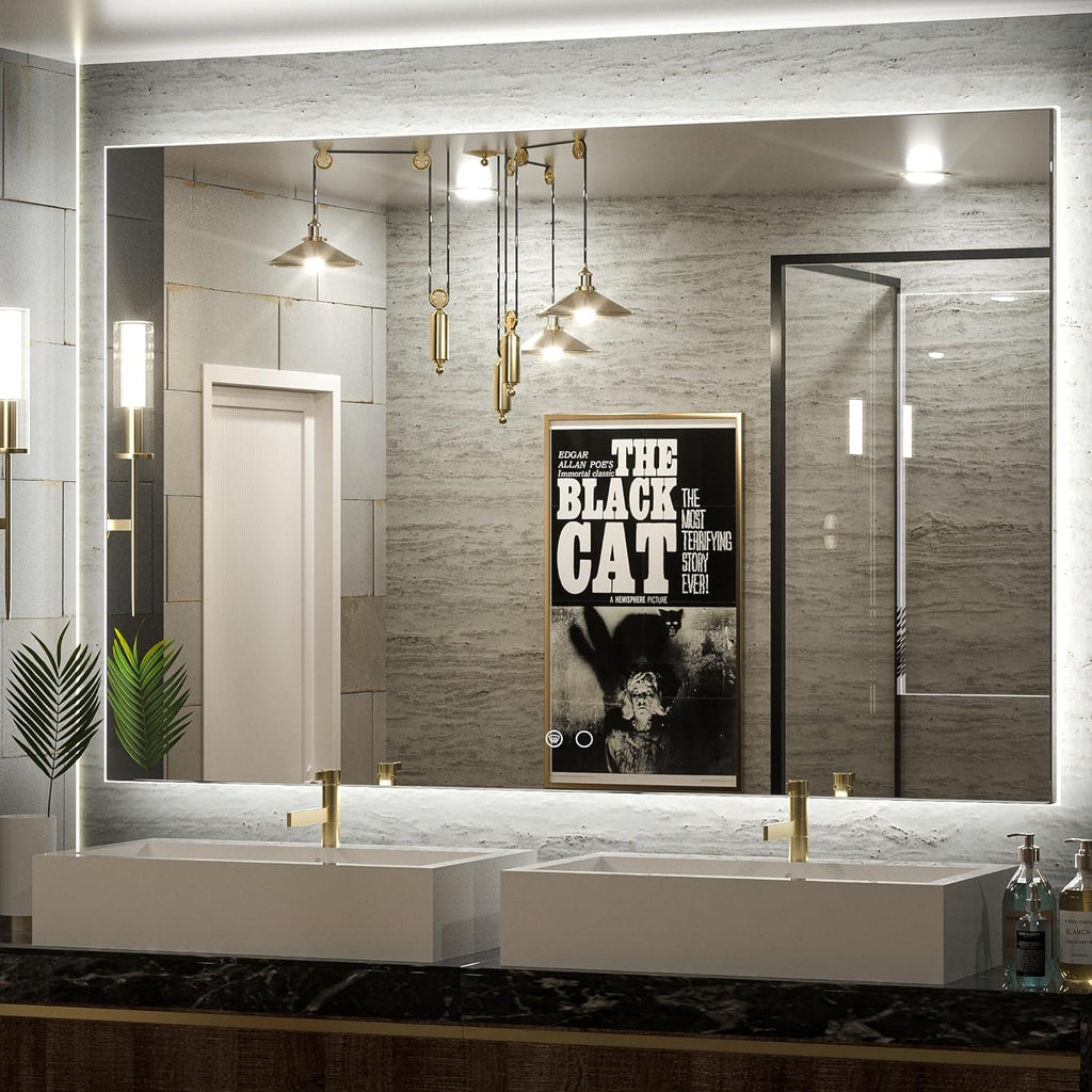 Keonjinn 55 x 36 Inch LED Bathroom Mirror with Backlit, Anti-Fog Vanity Mirror, CRI90+ HD Tempered Glass, Stepless Dimmable, High Lumen, UL Listed, IP44 Waterproof, Horizontal/Vertical