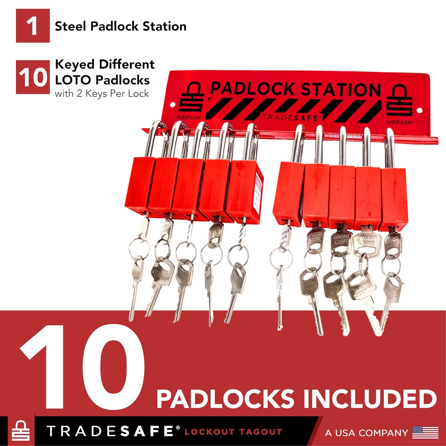 TRADESAFE Lockout Tagout Locks Station - Loto Locks Rack with 10 Padlocks Keyed Different - 2 Keys per Safety Lockout Lock