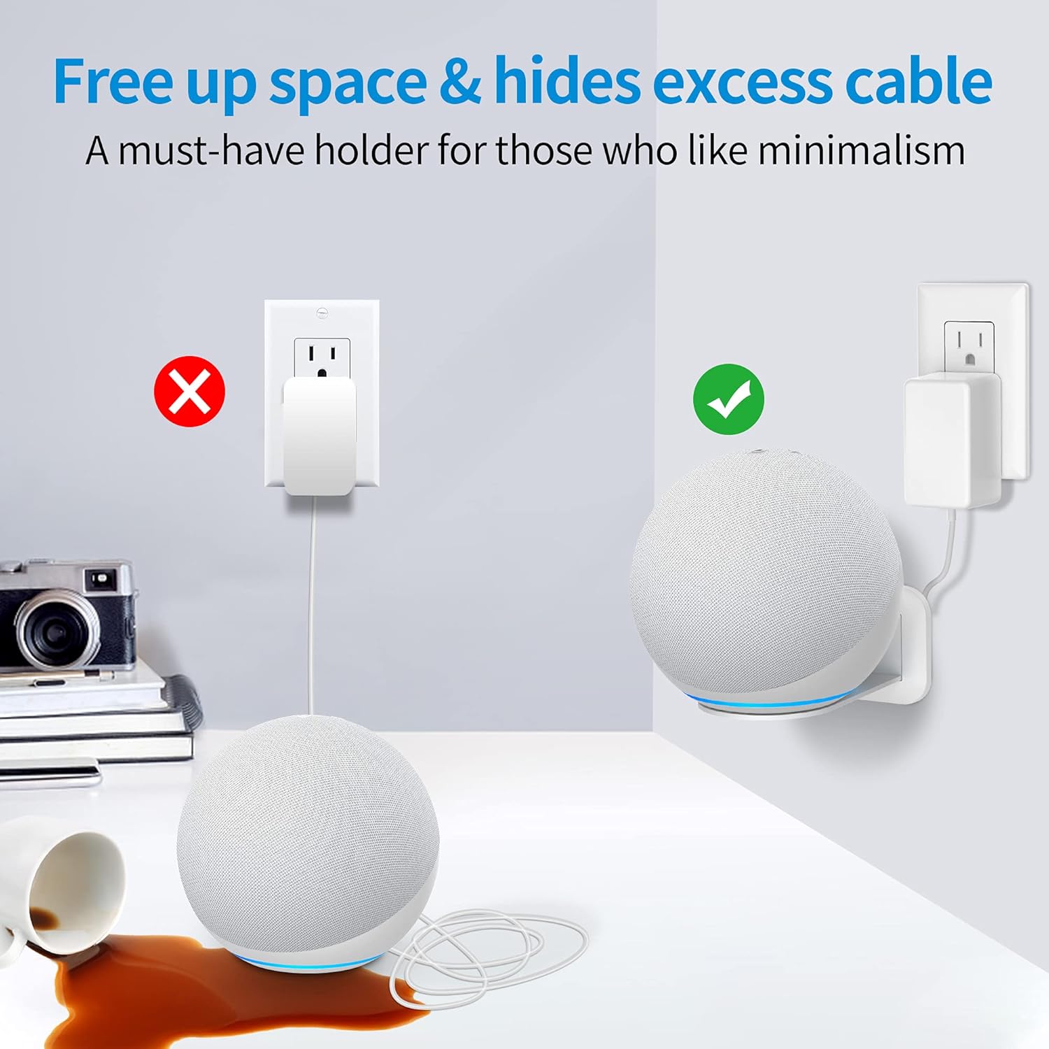 PlusAcc Wall Mount for 4th Gen - Space-Saving Stand Shelf Compatible with Google Home Mini & 4th Generation, Metal Bracket with Cable Management（White）