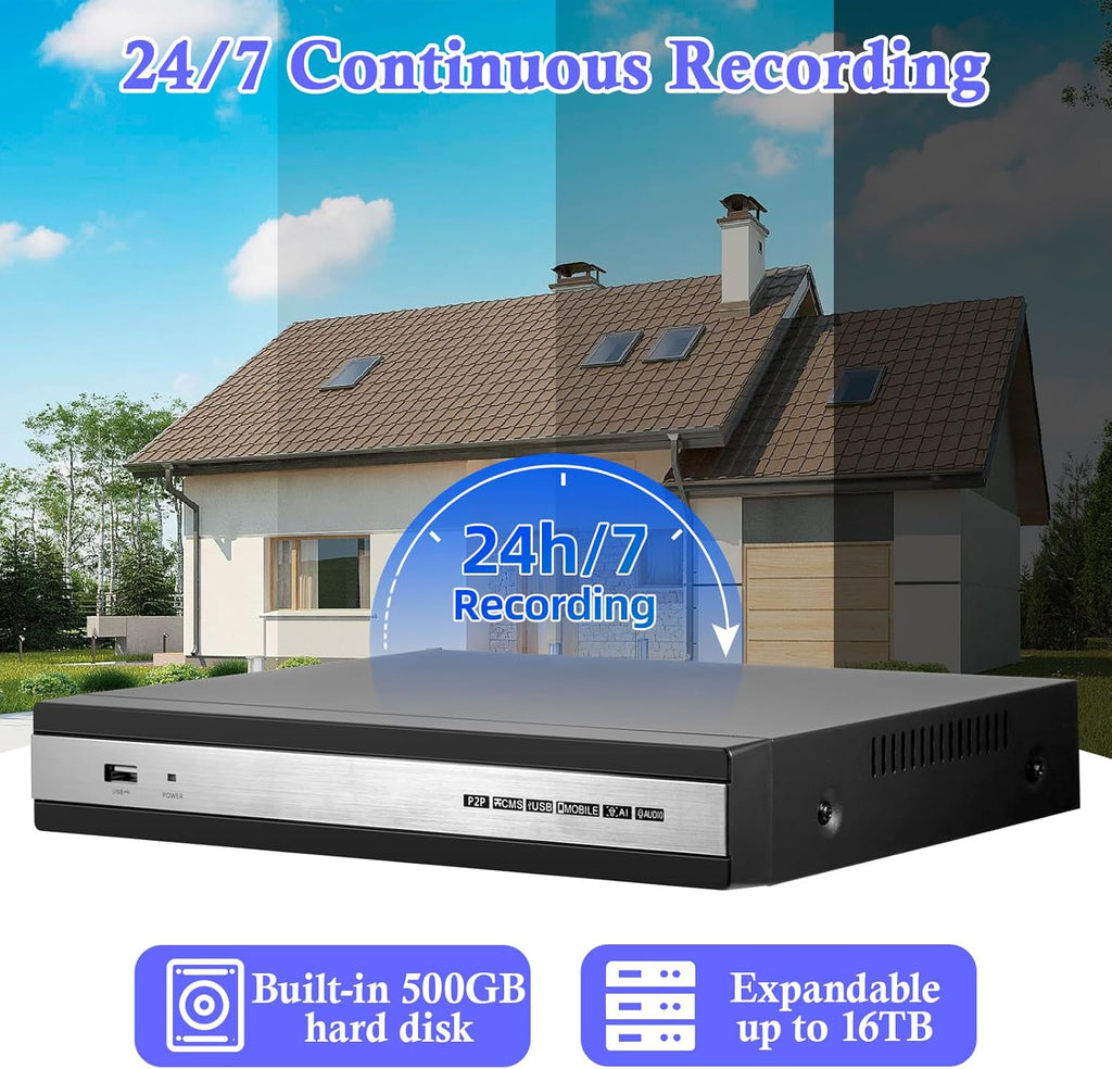 8CH DVR Recorder for Home Security Camera System, 6 in 1 DVR for Security Camera/AHD/TVI/CVI/CVBS/IP Surveillance, with 500GB Hard Drive, Max to 16TB, Mobile APP & PC Remote