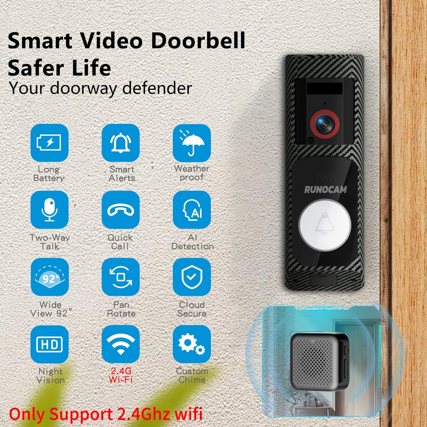 Video Doorbell Camera Wireless with Charm, HD Camera, Real-Time Alerts Ring Call, Pan Rotate, AI Detection, Power Battery, Home Security Apartment Camara para Puerta, 2.4G WiFi, Carbon Fiber