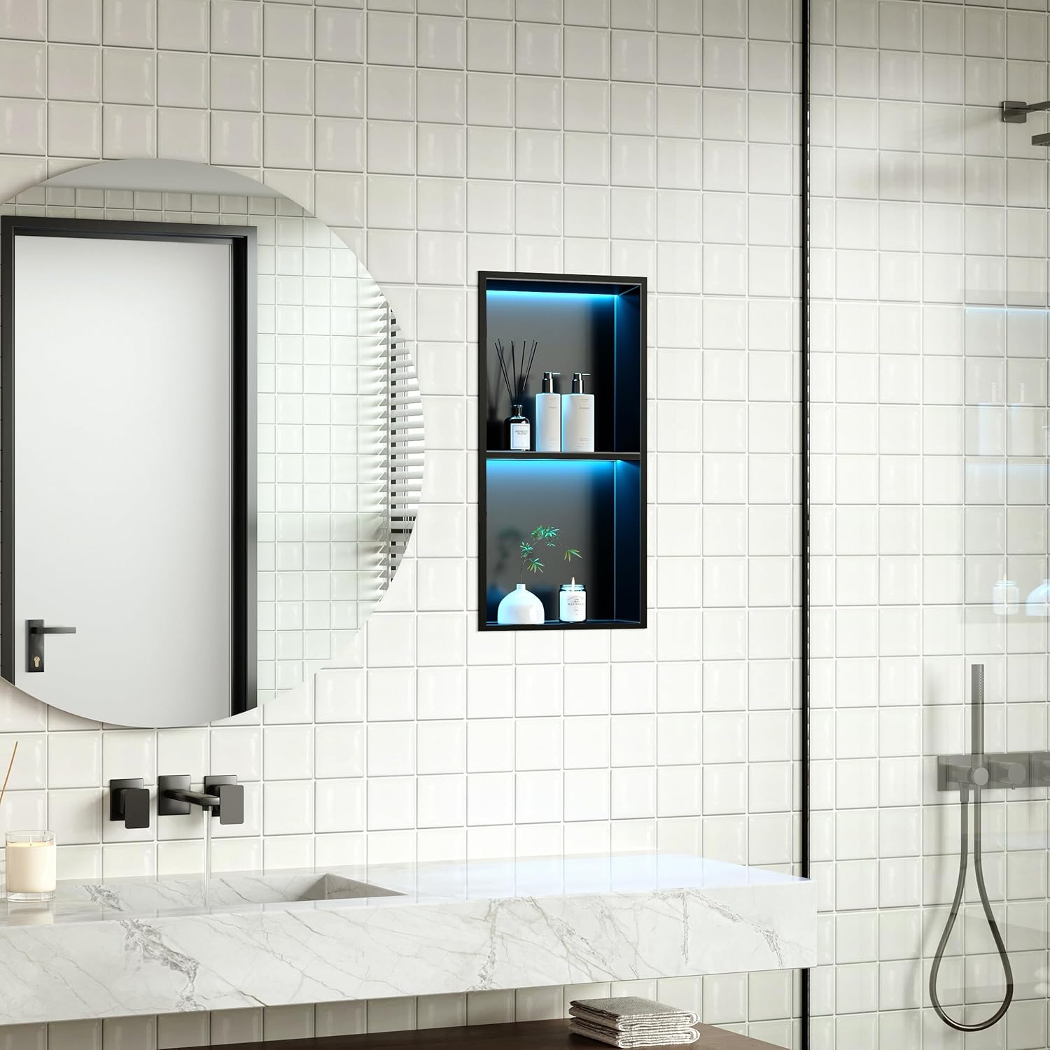 Stainless Steel Shower Niche 12" X 24", No Tile Needed Wall Niche with RGB Led Light, Recessed Shower Shelf for Bathroom Storage Over Mount Installation, Matte Black
