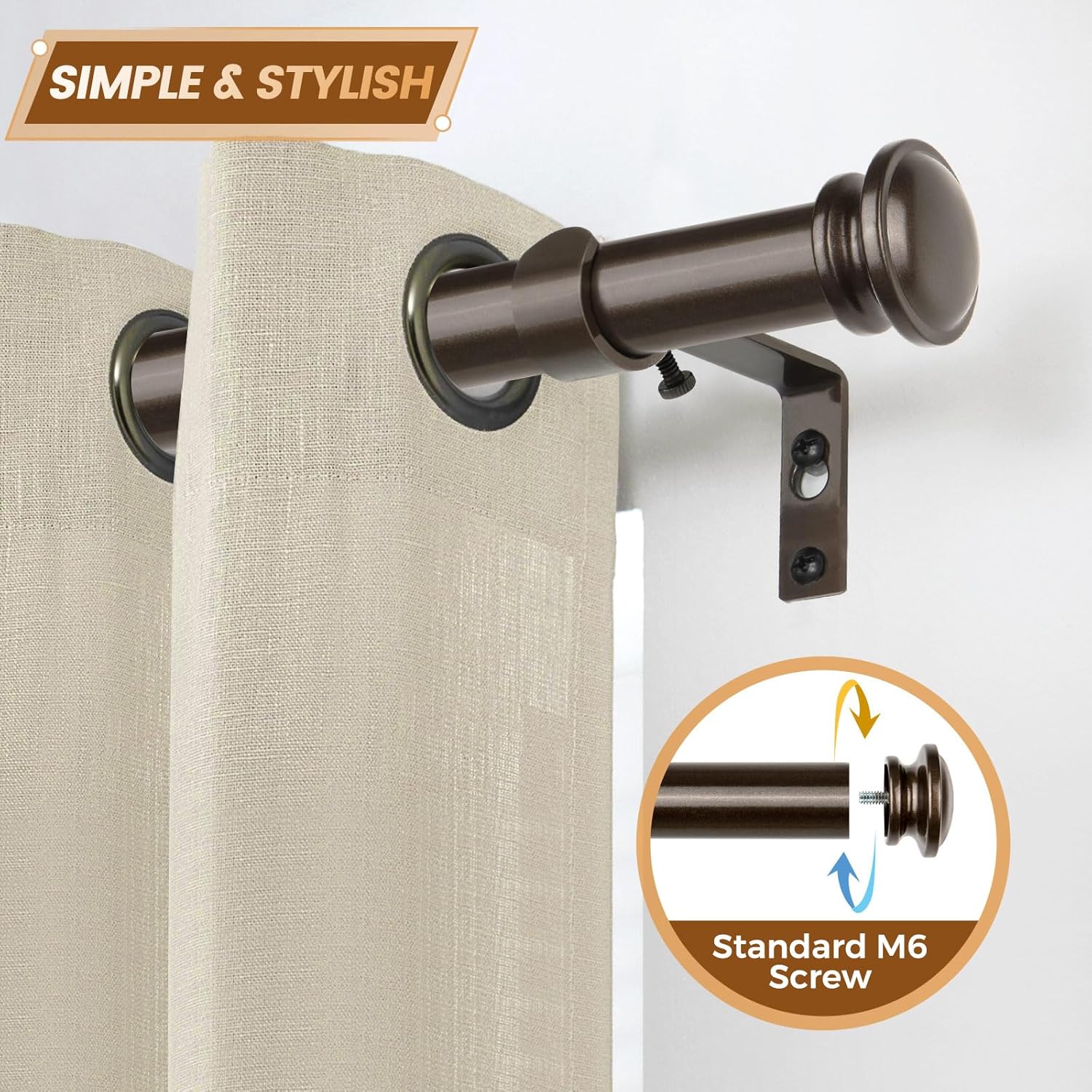 TONIAL Curtain Rod 32 to 115 Inch(2.6-9.6ft), Telescoping Splicing 3/4 Drapery Rods for Windows 83 to 110 Inch(6.9-9.1ft), Decorative Single Rod with Small Cap Finial, Bronze