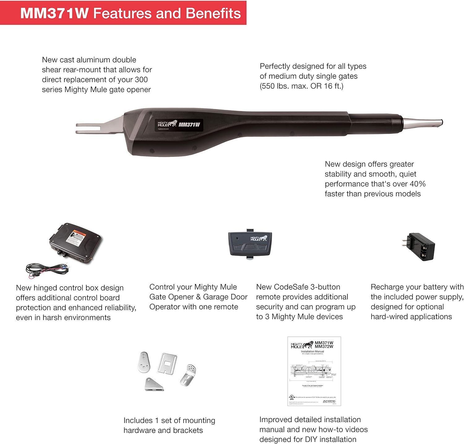 Mighty Mule MM371W Automatic Gate Opener, Smart and Solar Ready, Includes Gate Opener Remote and More-Up to 16ft Long or 550lb, Black, 1 Gate Opener Kit