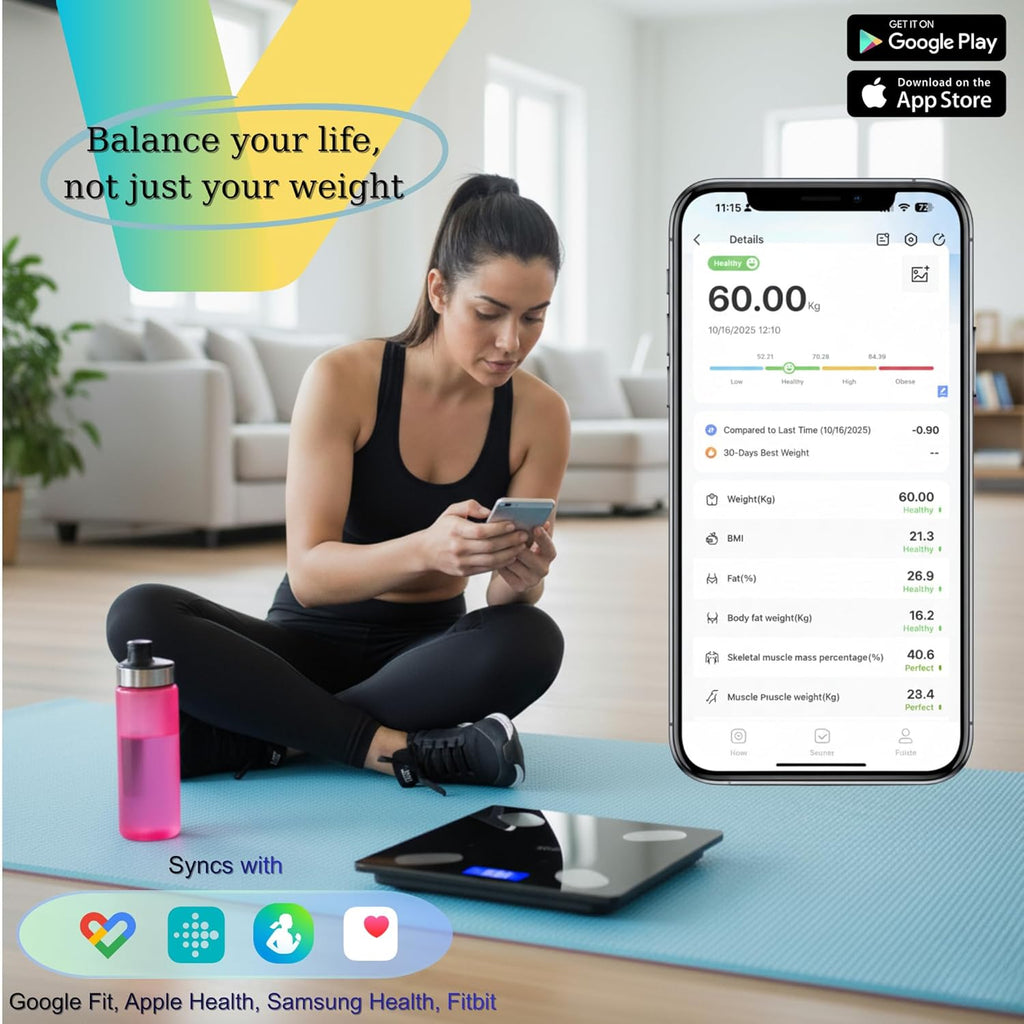 Smart Scale for Body Weight – Body Fat, BMI & Muscle Mass Analyzer – Digital Bathroom Scale with Bluetooth App Sync –Black Tempered Glass, 400 lb Capacity