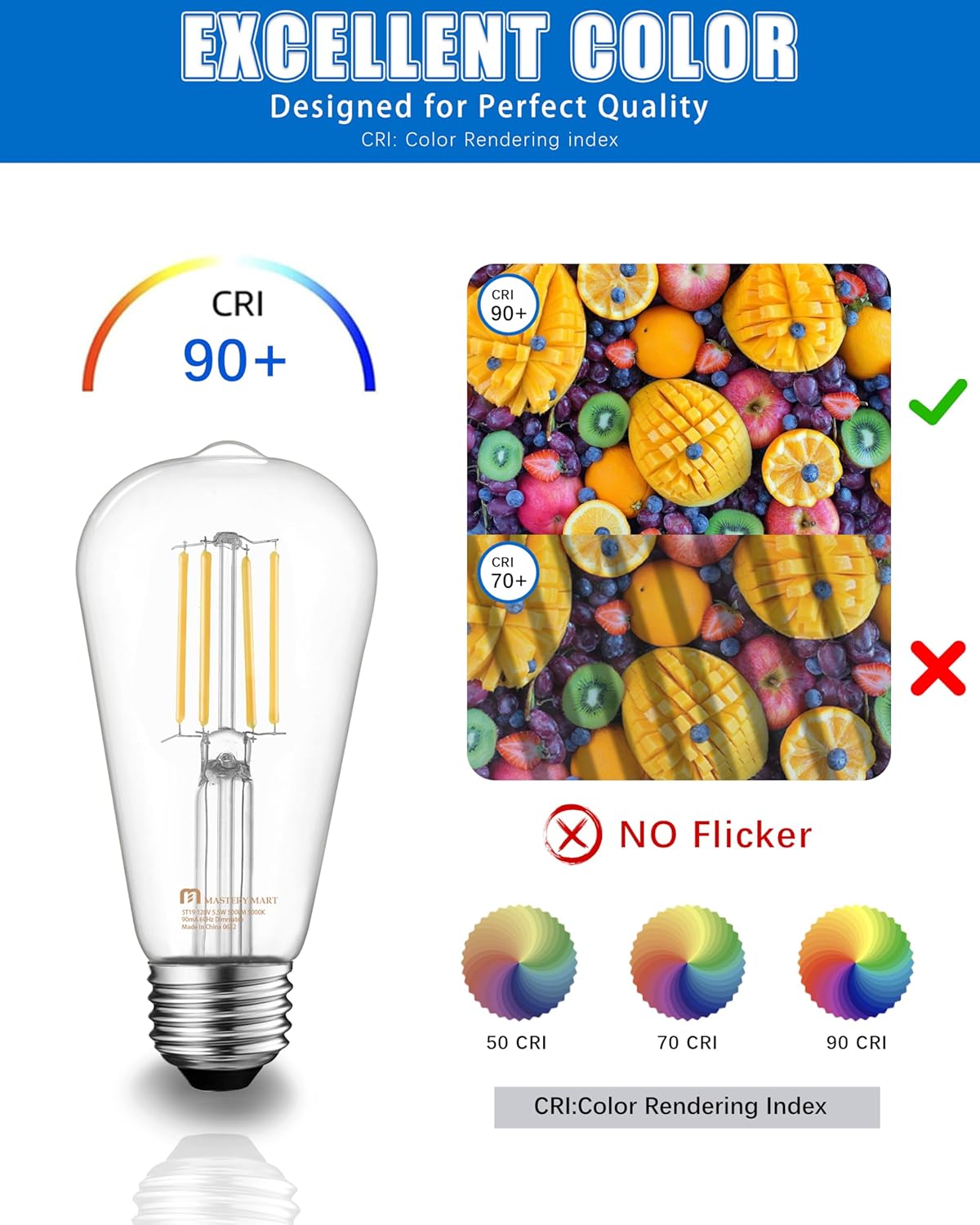 Mastery Mart 60 Pack Vintage LED Light Bulb 5000K Daylight White, Dimmable, 5.5W (60 Watt Equivalent), ST19/ ST58 Clear Glass Antique Edison Style, 500LM E26 Decorative Filament Bulb