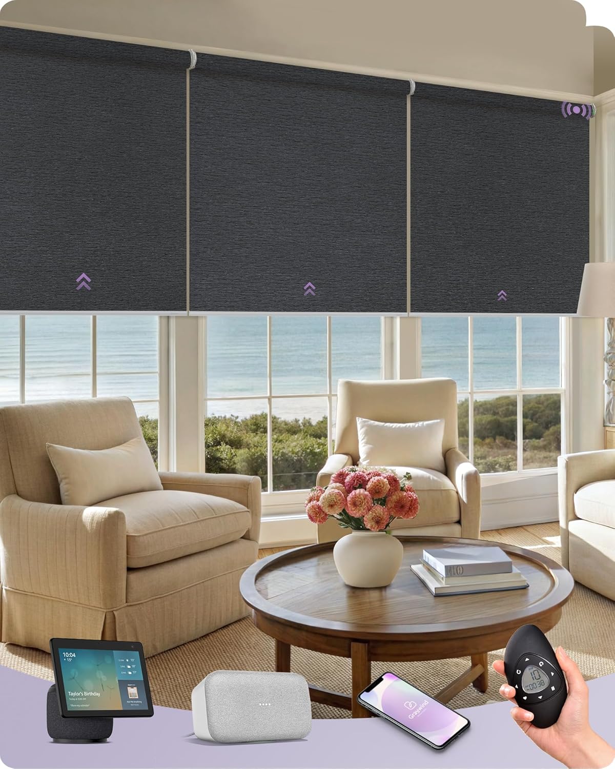 Graywind Smart Coupled Roller Shades Compatible with Alexa Google Custom Size Extra Large Motorized Blinds for Windows(Frequency Nero)