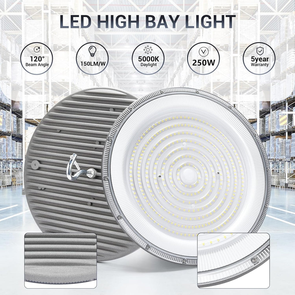 10 Pack 250W UFO Led High Bay Light,120VAC,5000K Daylight Commercial Bay Lighting,IP66 Waterproof,41050LM,1150W MH/HPS with Plug Area Light for Warehouse/Shop/Workshop/Barn/Gym/Factory