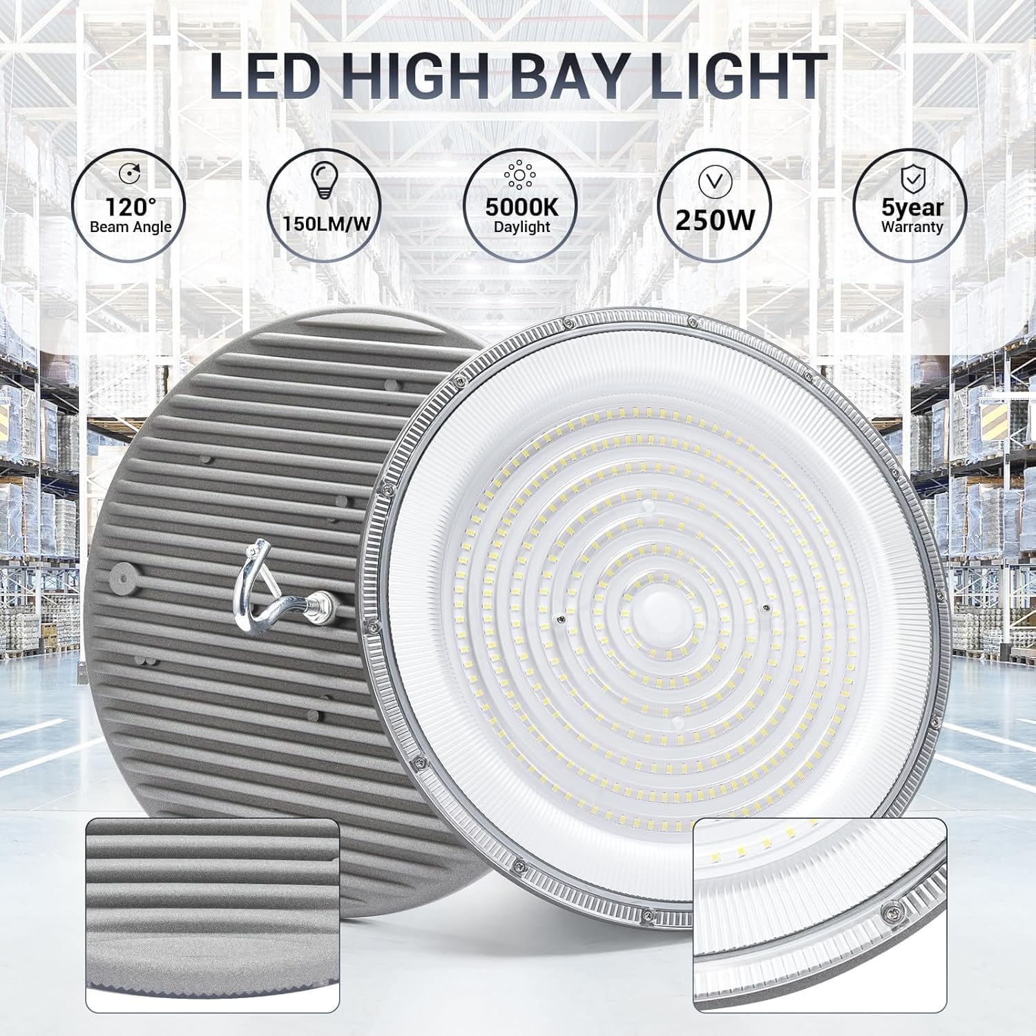 10 Pack 250W UFO Led High Bay Light,120VAC,5000K Daylight Commercial Bay Lighting,IP66 Waterproof,41050LM,1150W MH/HPS with Plug Area Light for Warehouse/Shop/Workshop/Barn/Gym/Factory