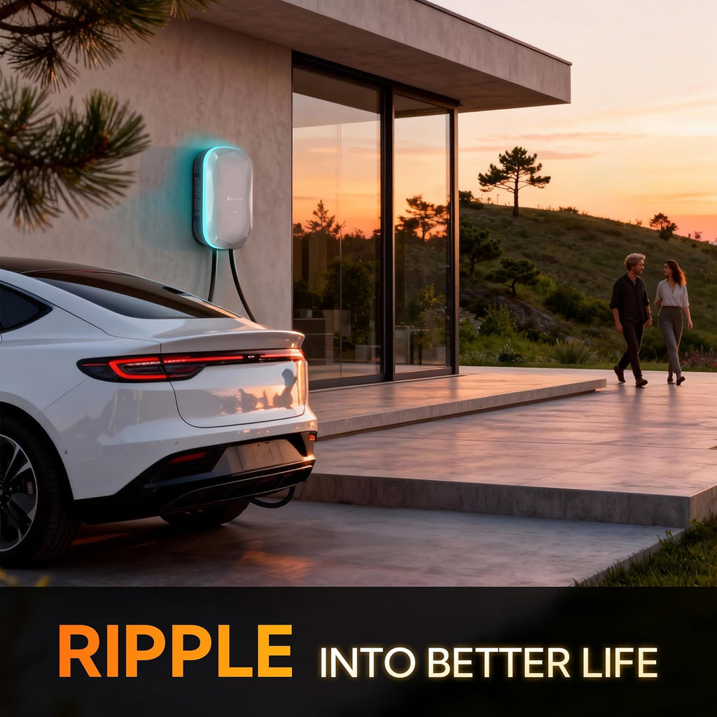 RIPPLEON Level 2 EV Charger J1772 11.5Kw - Hardwired EV Charger Level 2 w/Tesla Adapter, 48 Amp Smart App WiFi 25Ft Cable 240V NACS Charge Station, UL, ETL, FCC, Energy Star Certified White