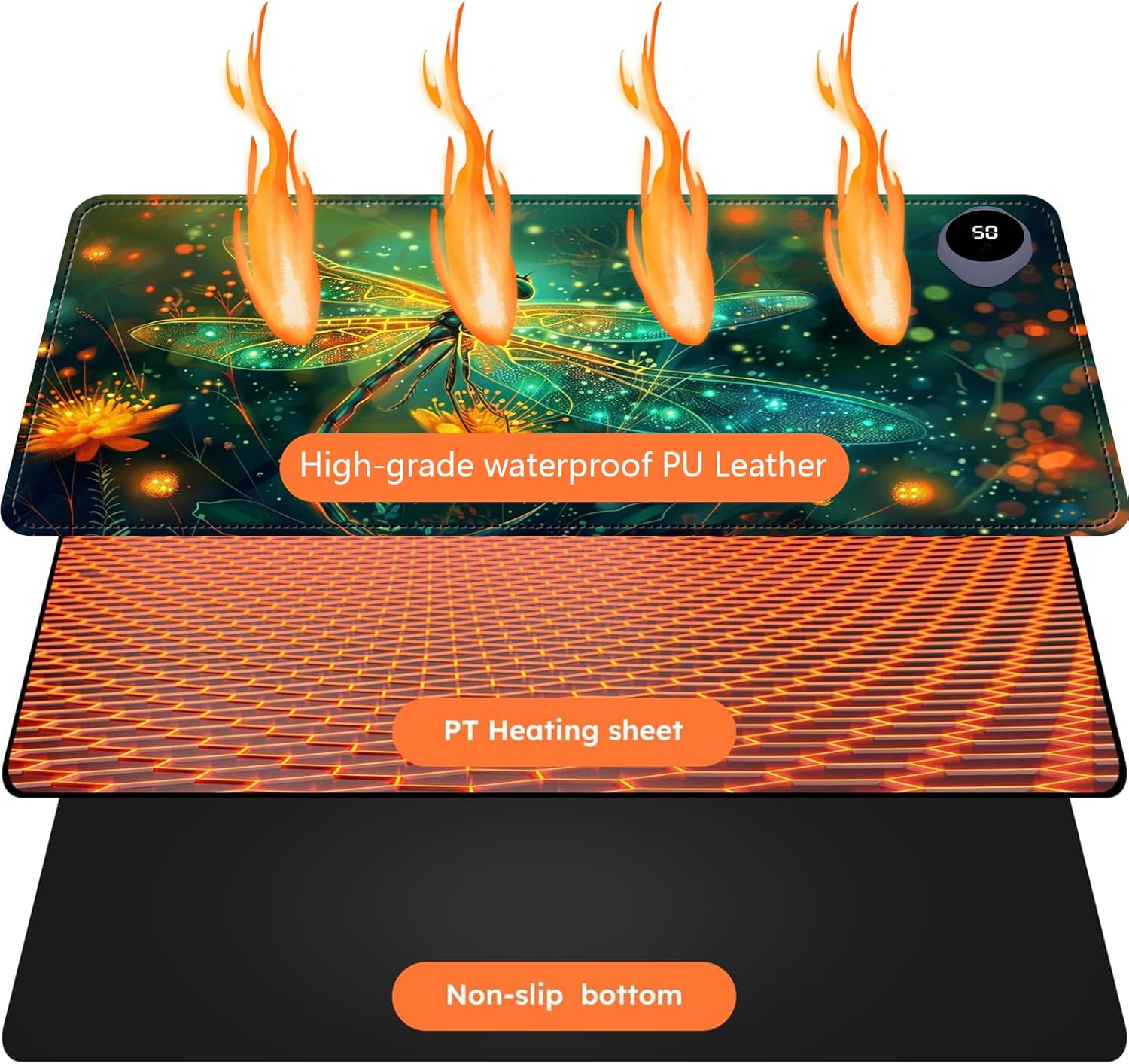 Heated Mouse Pad with 3 Levels Heated & 3 Hours Auto Shut-Off Mouse Pad for Warming Hands in Office Home, 23.6" x 14.2"Large Safe Desk Mat Hand Warmer，Glowing Dragonfly