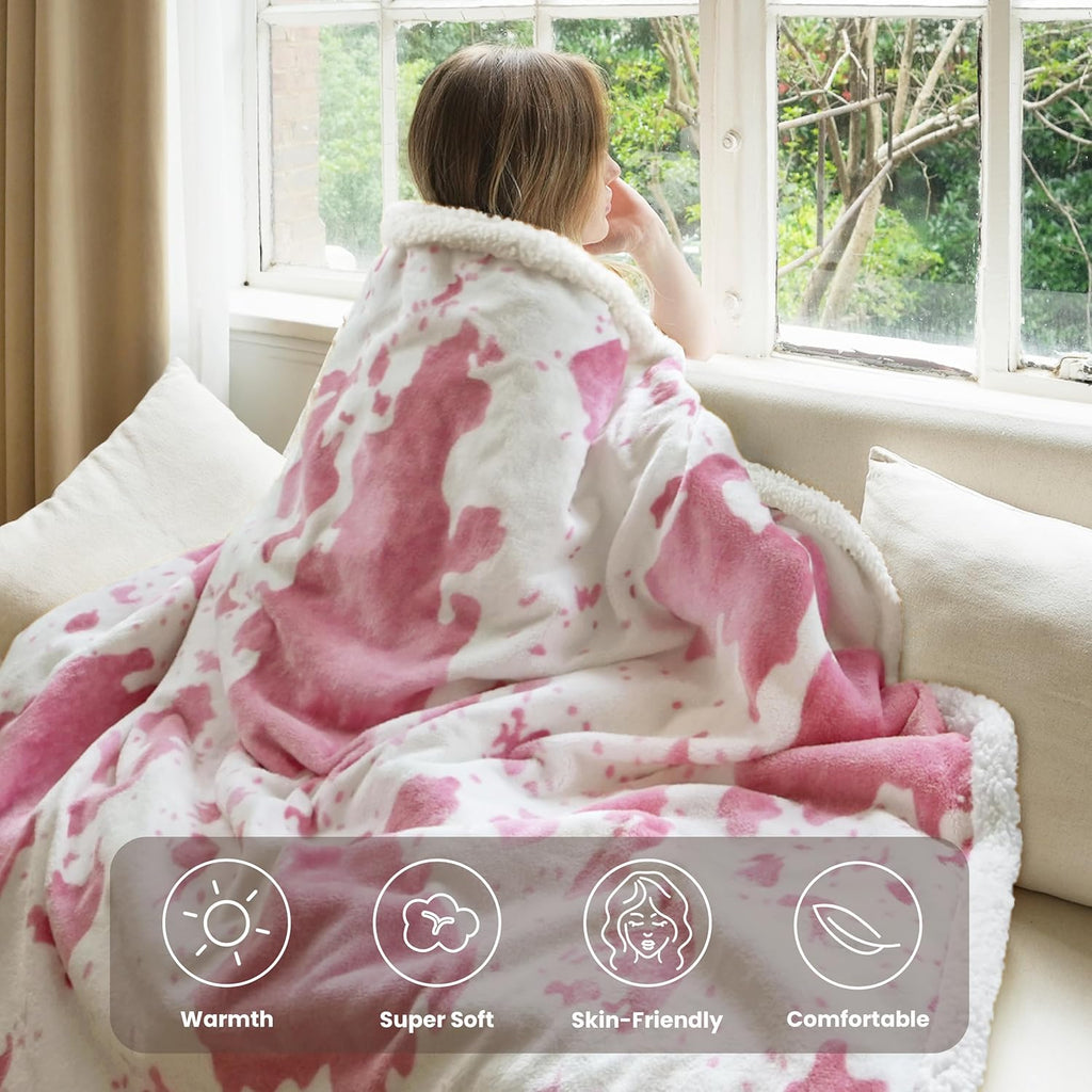 Cow Print Heated Blanket Twin-Heating Electric Blanket Twin with 10 Heat Levels & 10 Hours Auto-Off, Cozy Soft Fleece Sherpa, Washable, 62 x 84 Inches Cow Print Pink