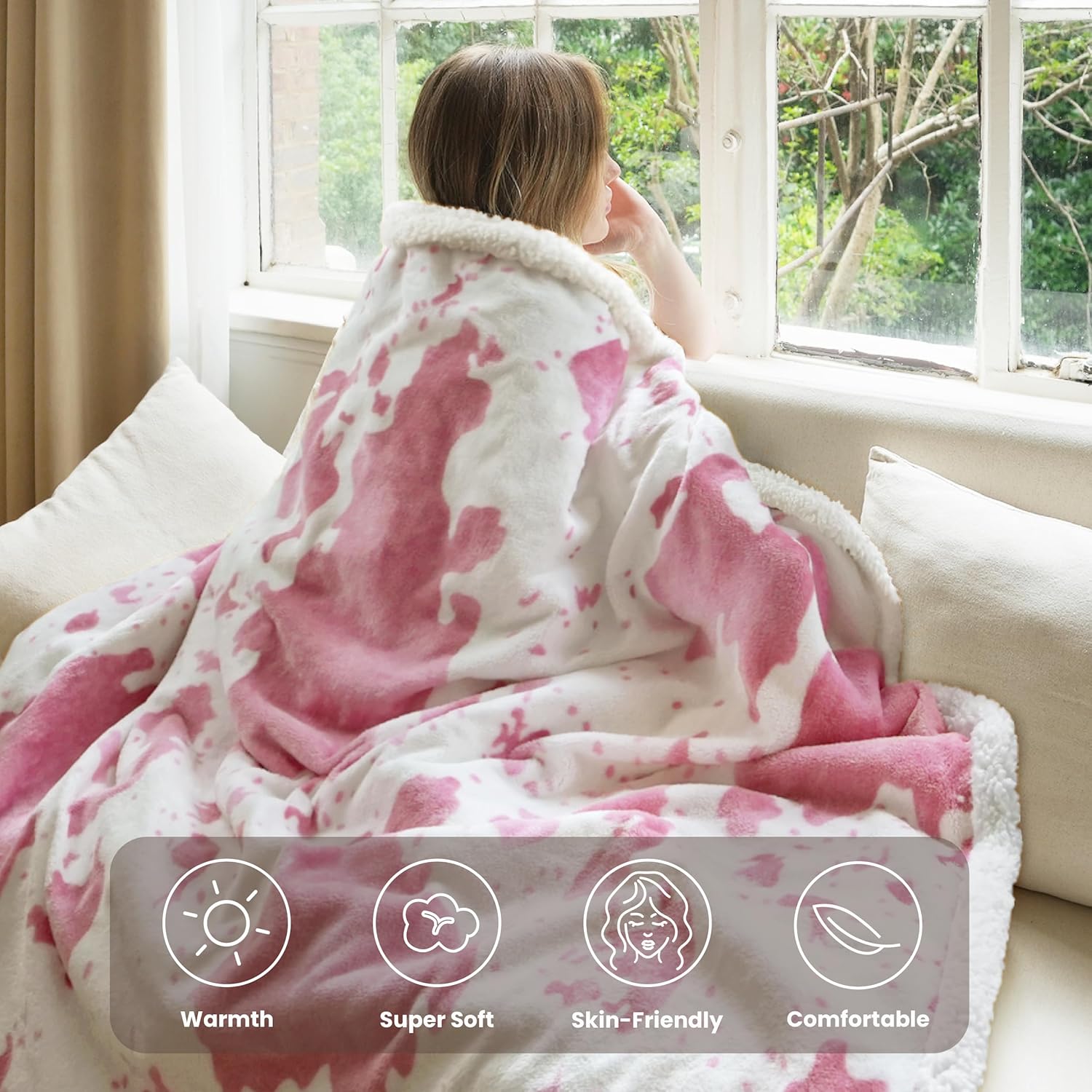 Cow Print Heated Throw Blanket Electric Blanket-Heating Blanket Throw with 10 Heat Levels & 10 Hours Auto-Off, Cozy Soft Fleece Sherpa, Washable, 50 x 60 Inches Cow Print Pink