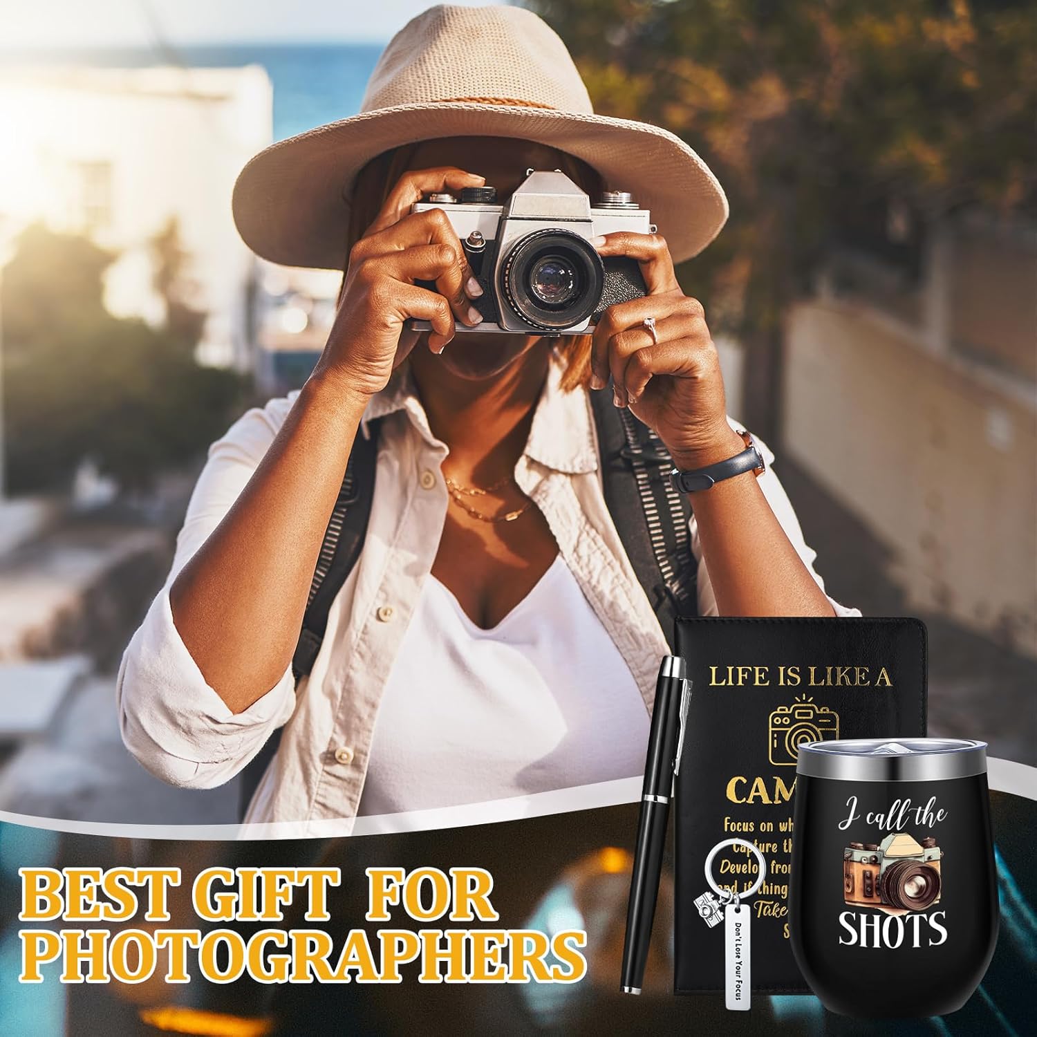 6 Pcs Photographer Gifts for Camera Lovers for Men Women 12 oz Stainless Steel Cup Socks Keychain Pen Notebook Box for Christmas Photography & Travelers Lovers
