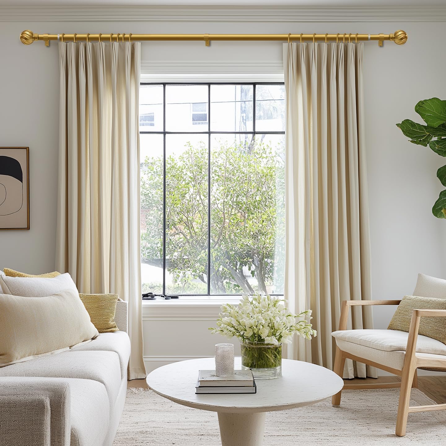 Gold Curtain Rods for Windows 72 to 144 Inch Long Adjustable Window Curtain Rod 7/8" Diamete Heavy Duty with Decorative Finials for Farmhouse Bedroom Living Room Kitchen Outdoor