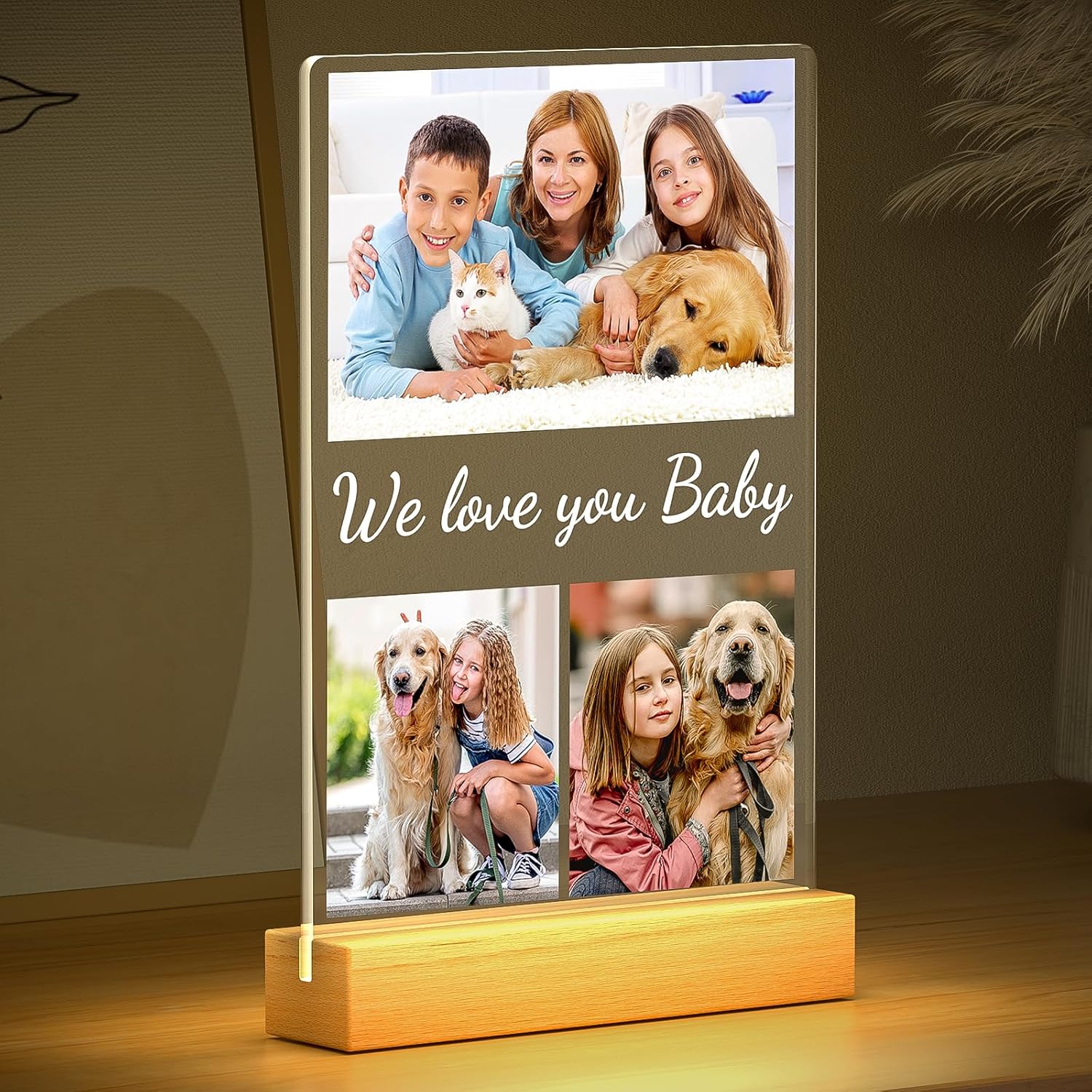 Custom Collage Picture Frames with Photo, Personalized Photo Frame with Night Light, Personalized Picture Frame, Customized Birthday Gifts for Baby Kids Girls Boys Pet Friends Family