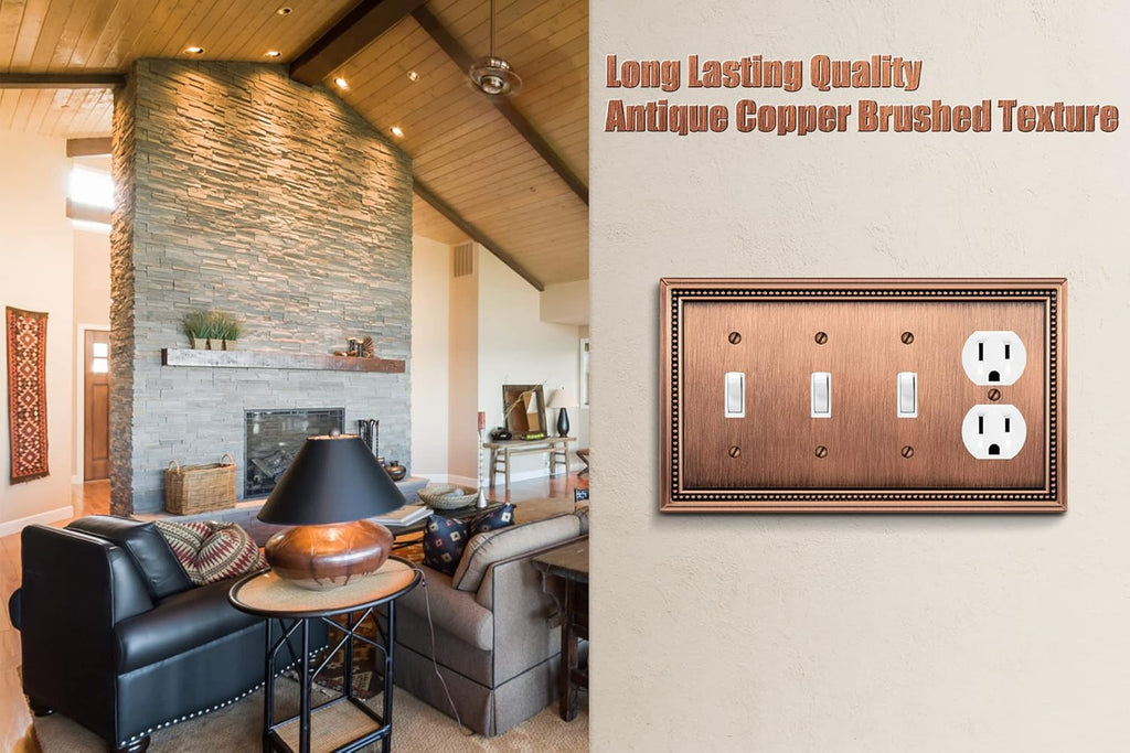 Henne Bery Sunken Pearls Heavy Duty Decorative Wall Plate Switch Plate Outlet Cover (Triple Toggle/Single Duplex, Antique Copper)