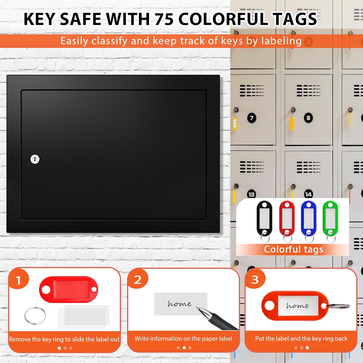 75 Keys Key Lock Box Wall Mount with 75 Colored Key Tags, Anti-Theft Key Box Key Cabinet with Side Opening, Key Organizer Key Safe for Home Office Garage Rental Business