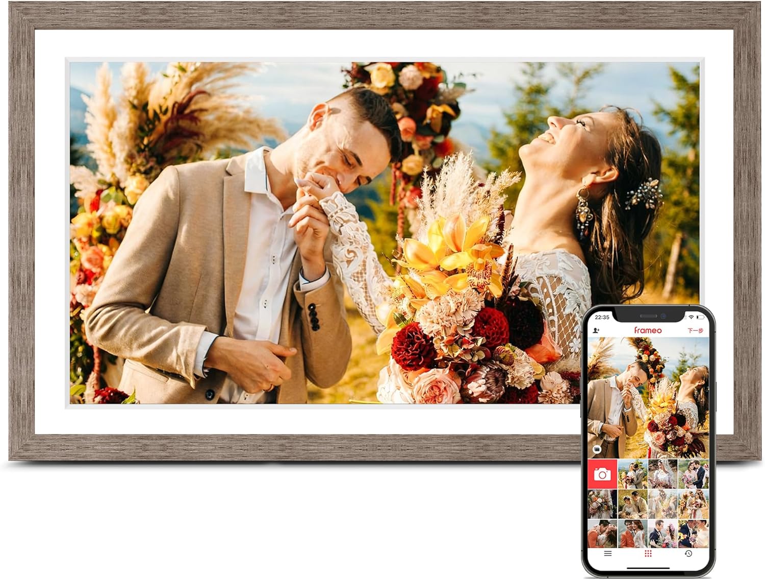 Digital Picture Frame 15.6 Inch, Large WIFI Digital Photo Frame Frameo,Electric Slideshow Frame, 1920 * 1080 IPS FHD Touchscreen, 32GB, Tabletop&Wall-Mounted, Share Video Picture, Wedding Gift, Greige