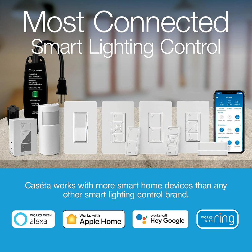 Lutron Caseta Deluxe Smart Light Switch Kit w/ Wall Plate and Smart Hub, Compatible w/ Alexa, Apple Home, Google Home, Single-Pole/3 Way, 5 Amp, P-BDG-PKG2WS-WH
