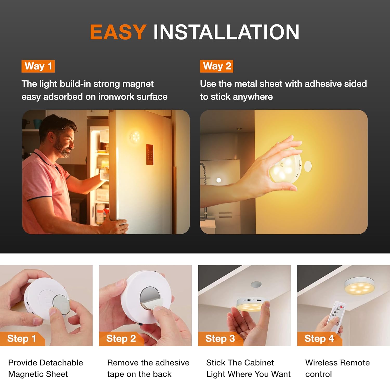 Puck Lights with Remote Control,1000mAh rechargeable under cabinet lighting,LED Closet Lights,3Pack Tap Light,Cordless Stick On Lights for Under Cabinet,Hallway, Stairway,Closet (Warm White-6PCS)