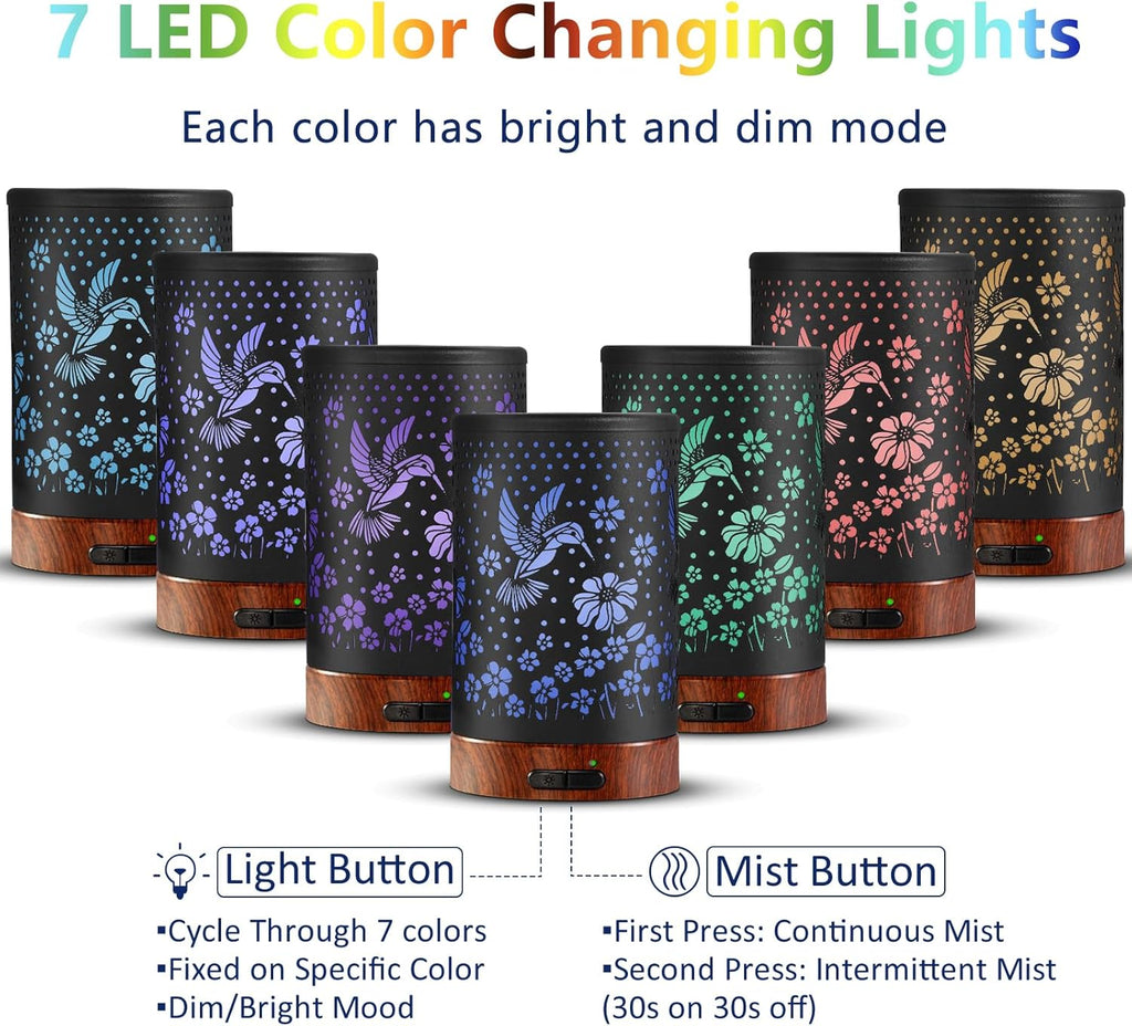 Essential Oil Diffuser Aromatherapy Diffuser - Metal Aroma Diffuser for Home 150ml Ultrasonic Cool Mist Diffuser with 7 Colors Light Auto Shut-Off Protection for Home Office SPA Yoga Decor & Gift