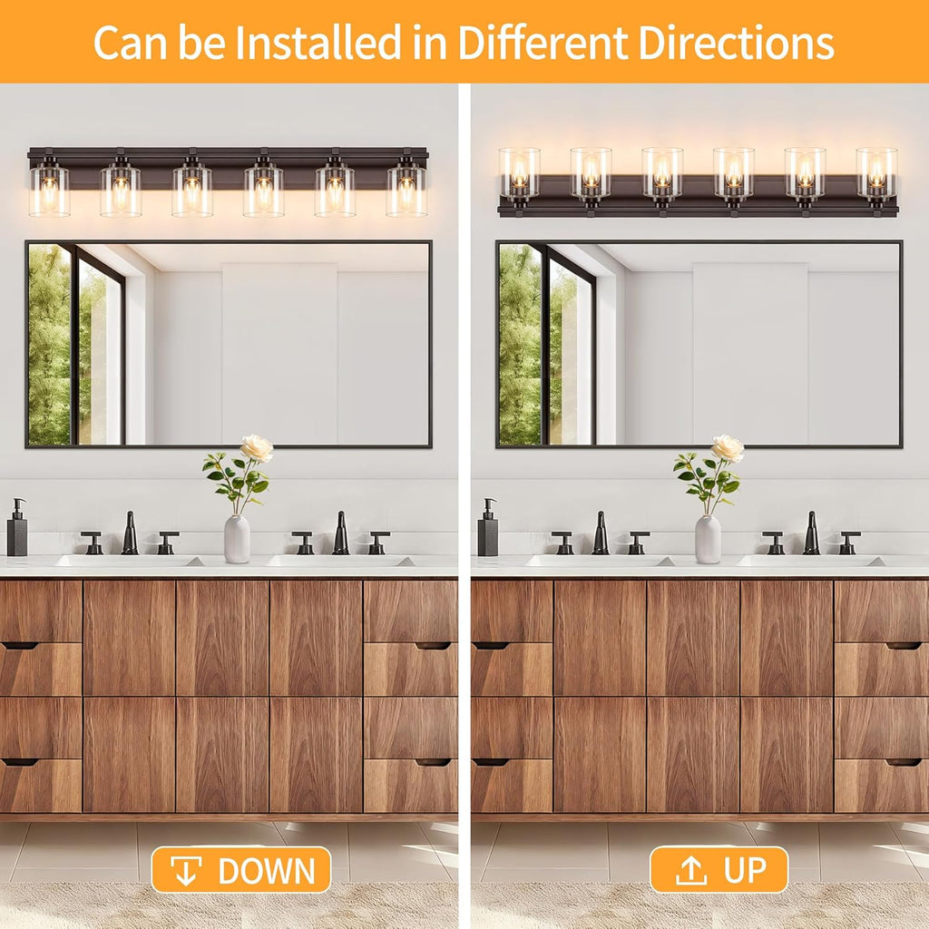 6 Light Modern Bathroom Light Fixtures Over Mirror, Bronze Finish Vanity Lights for Bathroom Wall Sconces with Clear Glass Shades, E26 Socket (Bulbs Not Included)