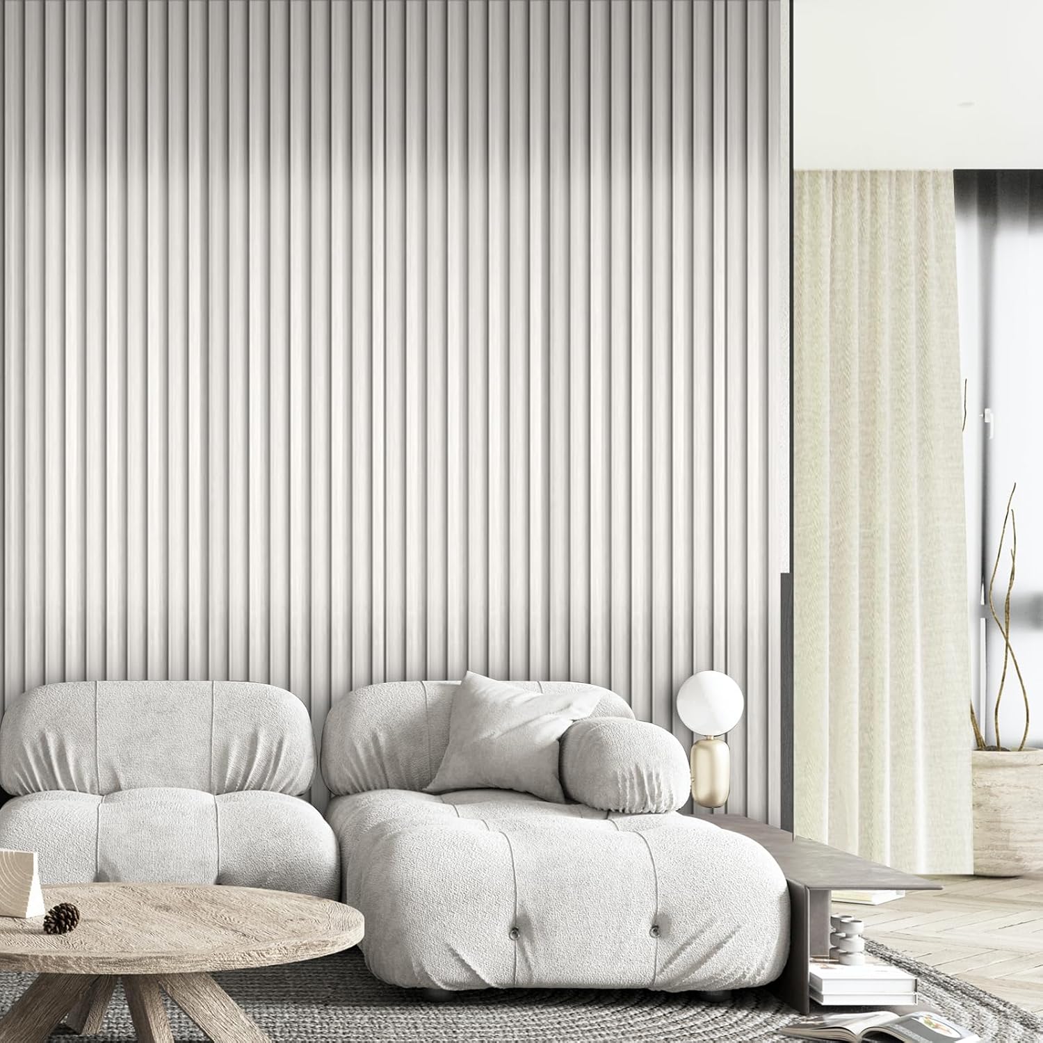 OUZUGIE WPC Acoustic Slat Wall Paneling, 8-Pack 96 x 6 Inches 3D Wall Panels for Interior Wall Decor,Living Room,TV Background,Study Room,Office Spaces,Bedroom,High Grille (Metallic Silver)