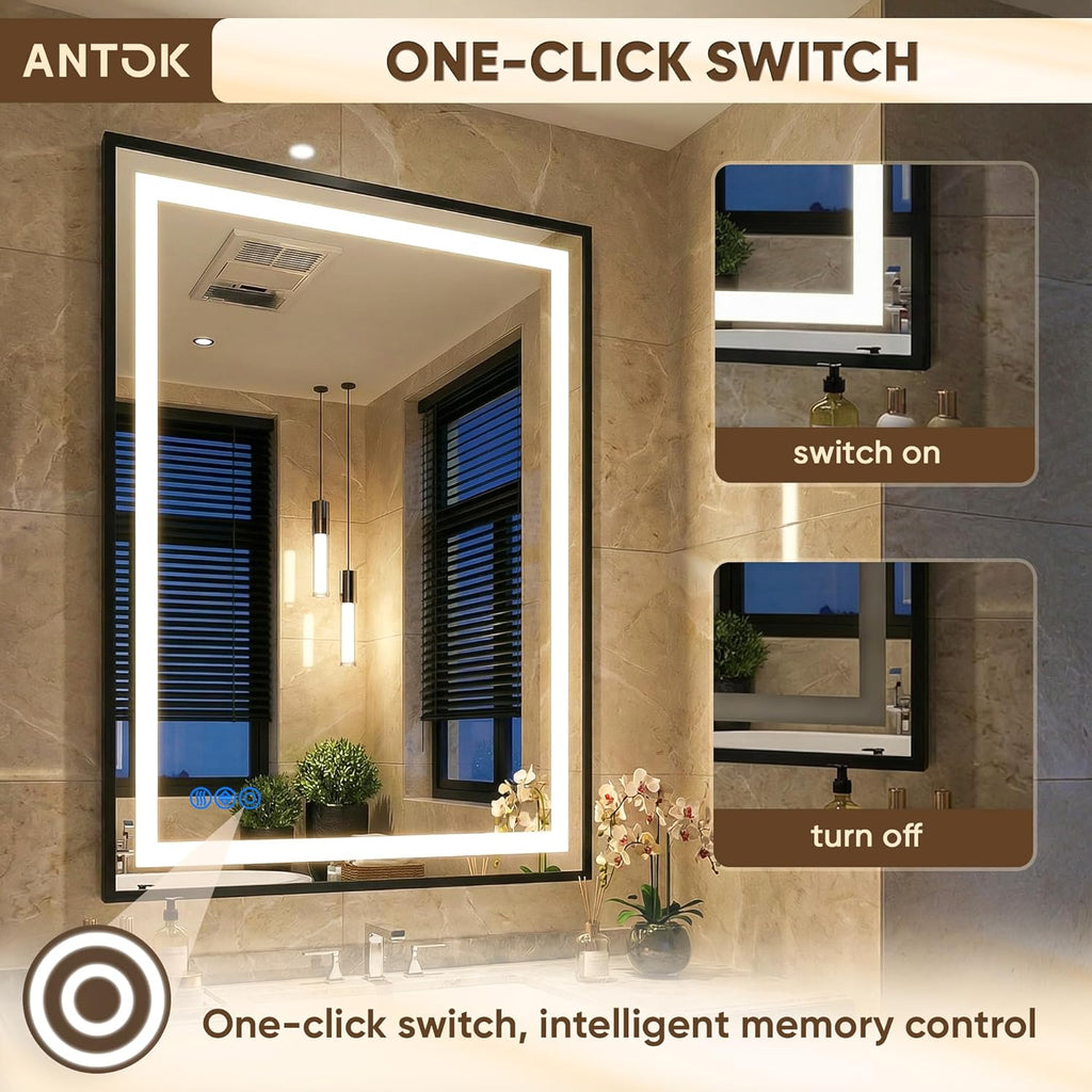 Antok 40X32 LED Bathroom Mirror with Lights, Vanity Mirror for Wall with Black Frame, Touch Control, Anti-Fog, Dimmable Lights, Shatter-Proof, Memory Function, Wall-Mounted Vanity Mirrors