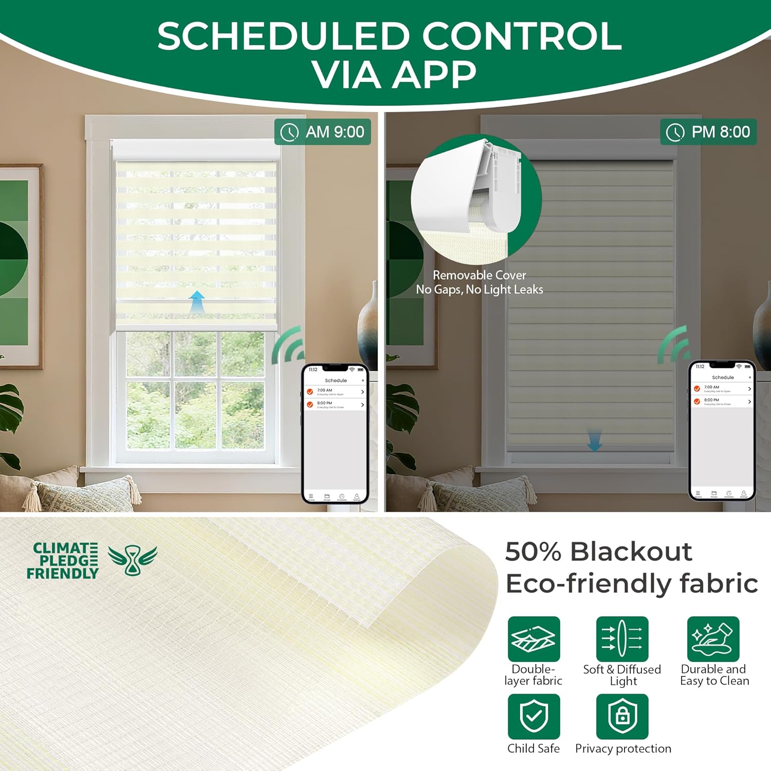Allesin No Drill Motorized Zebra Blinds – Rechargeable Smart Dual Layer Shades with Cassette Cover, Ultra-Quiet Motor, Automatic Blind with Remote for Indoor Windows (Pearl White 33" W x 72" H)