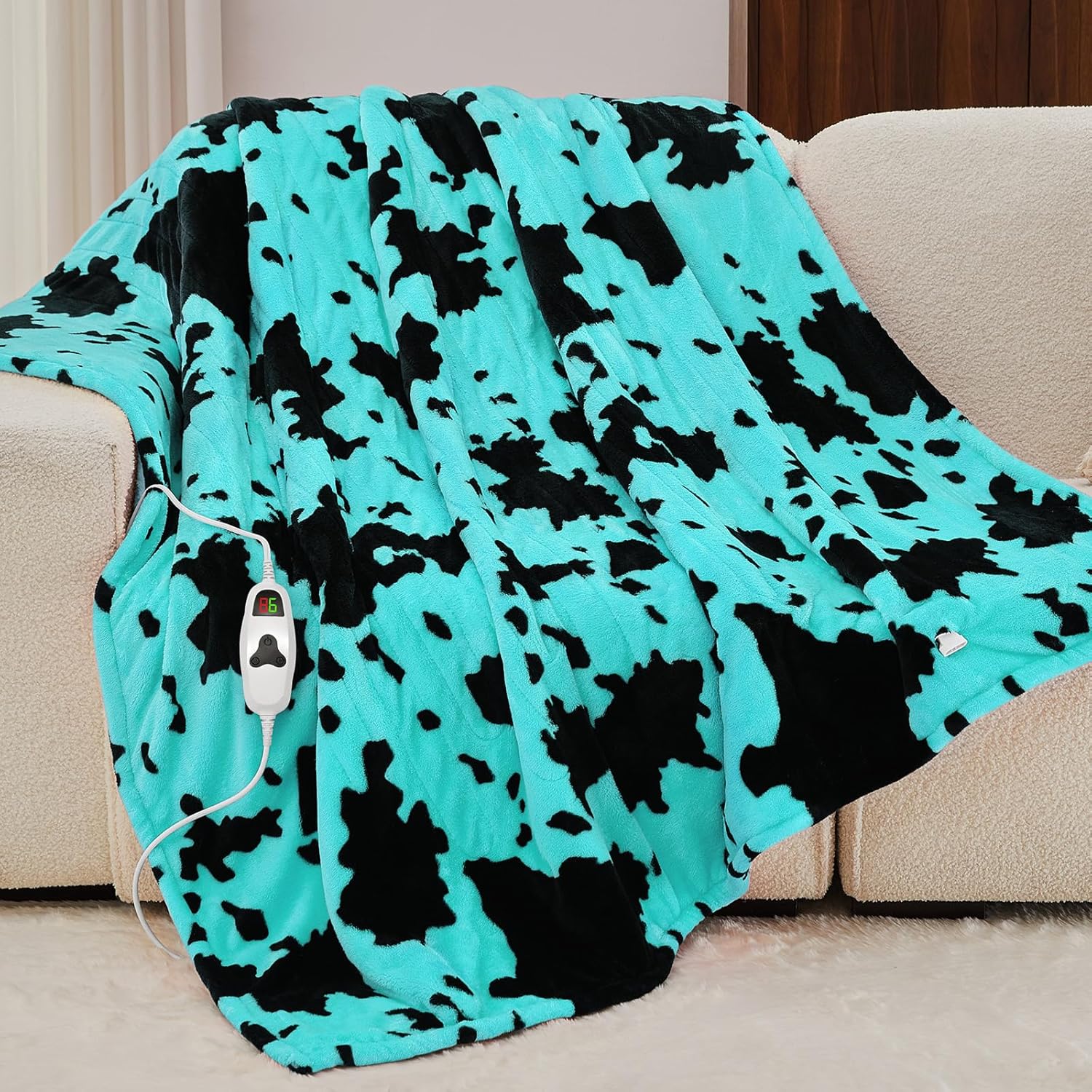 Cow Print Heated Electric Blanket Throw,50X60 Green Heating Blanket with 10 Heats Levels & 8 Hours Auto Off,Highland Cow Decor Stuff Fleece Sherpa Blankets Warmer Gifts for Women Adults Washable