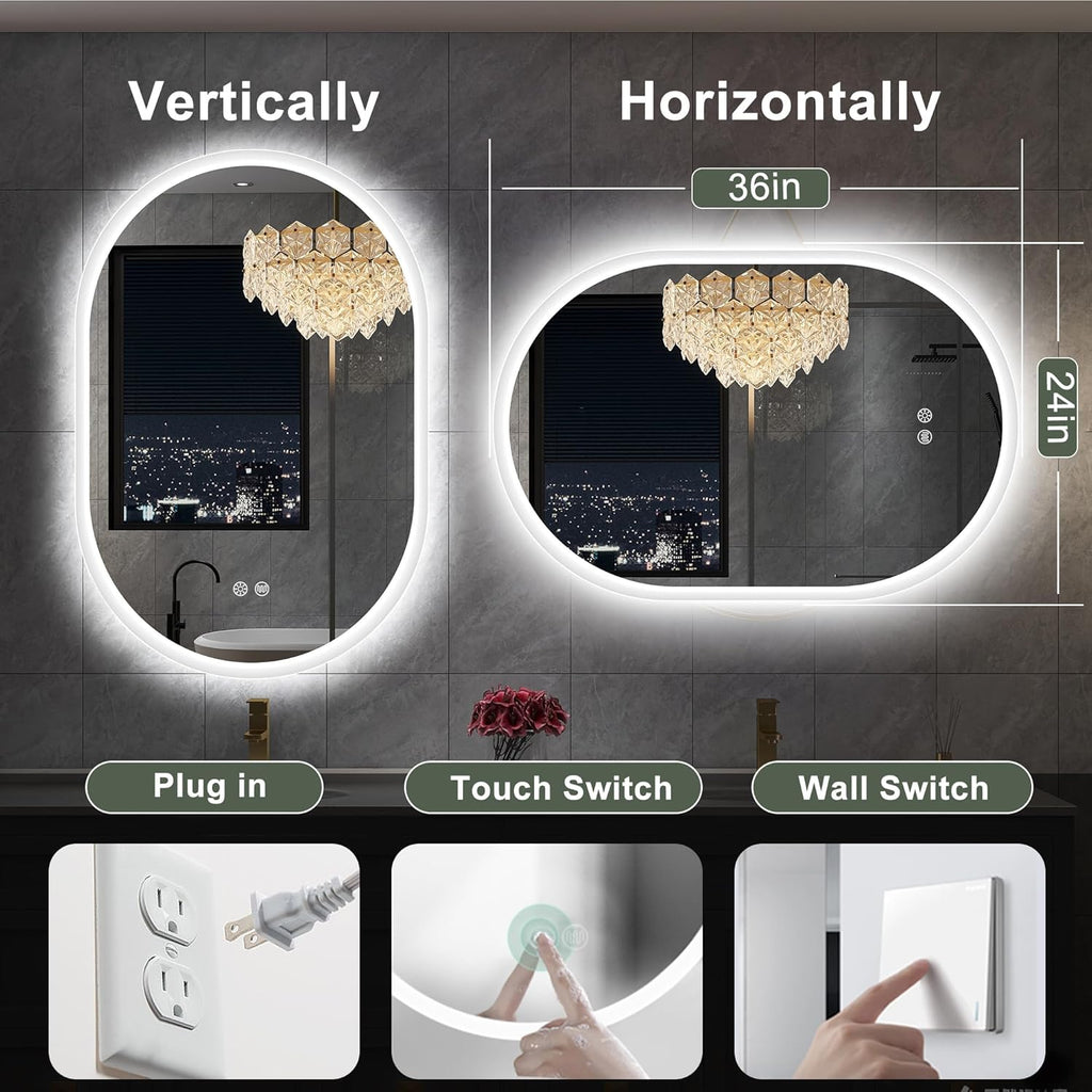 S'bagno 24x36 Inch Oval LED Mirror for Bathroom with Front and Backlight, Anti-Fog, 3 Colors Temperature & Dimmable, Bathroom Mirror with Lights with Memory Function, Waterproof, Shatter-Proof