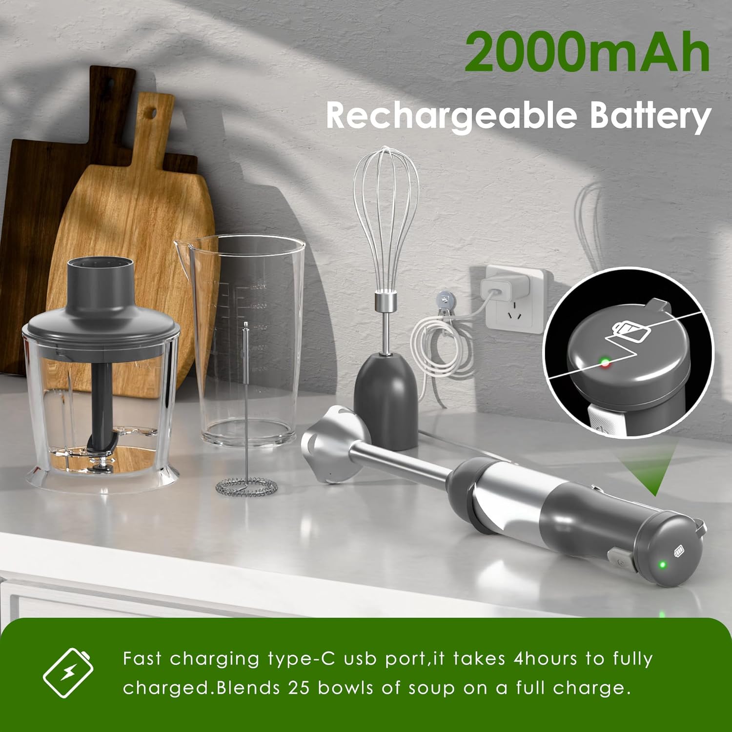 Cordless Immersion Hand Blender, 5-in-1 Variable Speed blender handheld,Rechargeable with 2000mAh Battery, BPA-Free & Dishwasher-Safe Accessories:700ml Beaker,Chopper,Whisk & Milk Frother,Grey