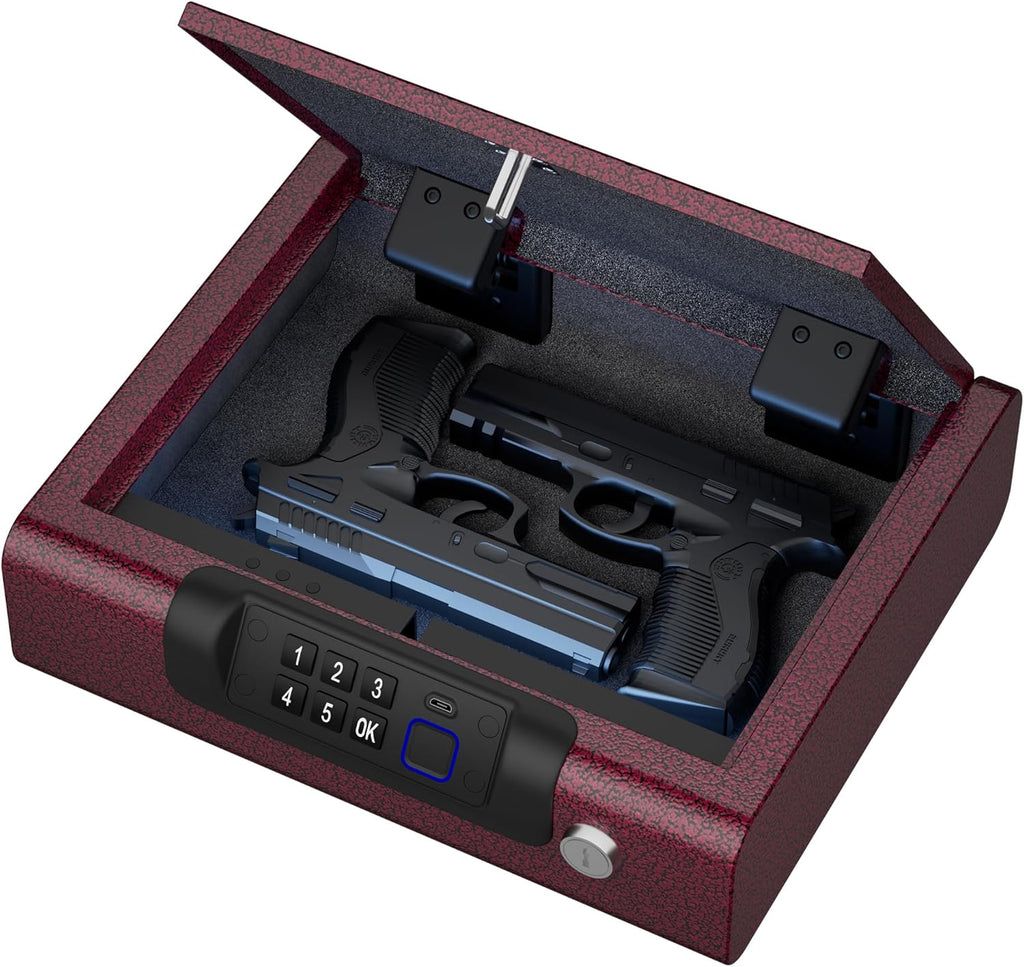 Gun Safe,Biometric Gun Safe for Pistols 3-Ways unlock Fingerprint Digital PIN Key Unlock with Voice,Lock box for Cloakroom living room Bedroom Nightstand and Car BILLCONCH - Burgundy Red