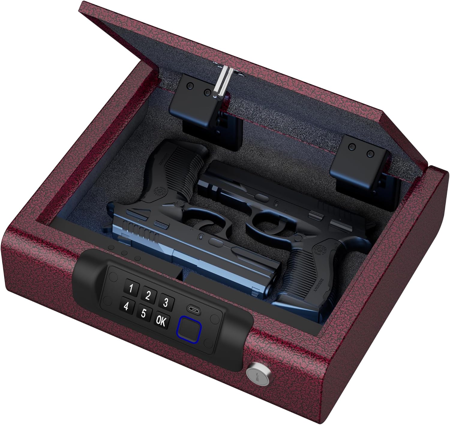 Gun Safe,Biometric Gun Safe for Pistols 3-Ways unlock Fingerprint Digital PIN Key Unlock with Voice,Lock box for Cloakroom living room Bedroom Nightstand and Car BILLCONCH - Burgundy Red
