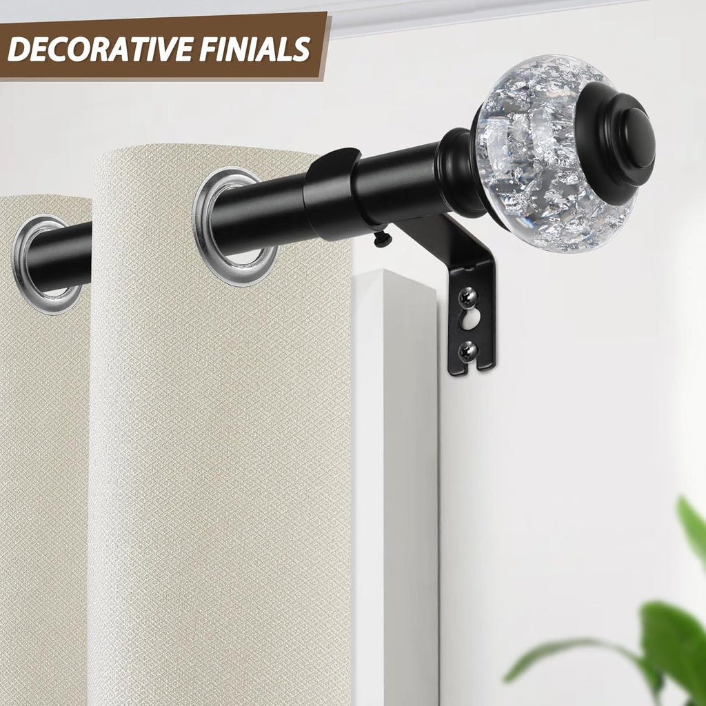 1 Inch Curtain Rods 72 to 144 Inches (6 to 12 ft) Telescoping Single Drapery Rod, USFOOK Black Curtain Rods for Windows 69 to 140 Inches, Decorative Translucent Finials