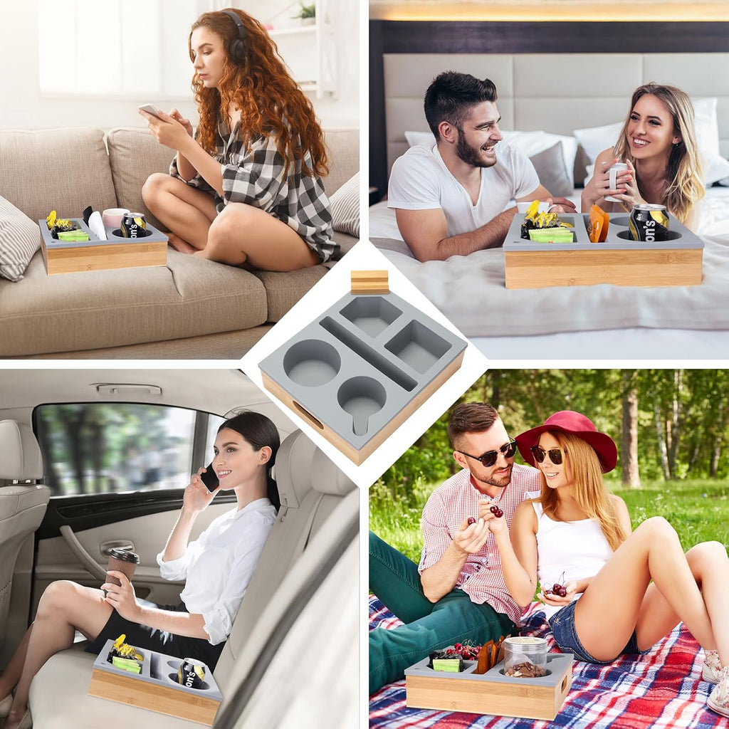 Couch Cup Holder Tray, Couch Caddy with Rotatable Phone Holder, Wooden Sofa Drink Holder with Handle for Bed Car Seat Beach Organizer, Anti-Spill for Snacks Beverage Remote Grey